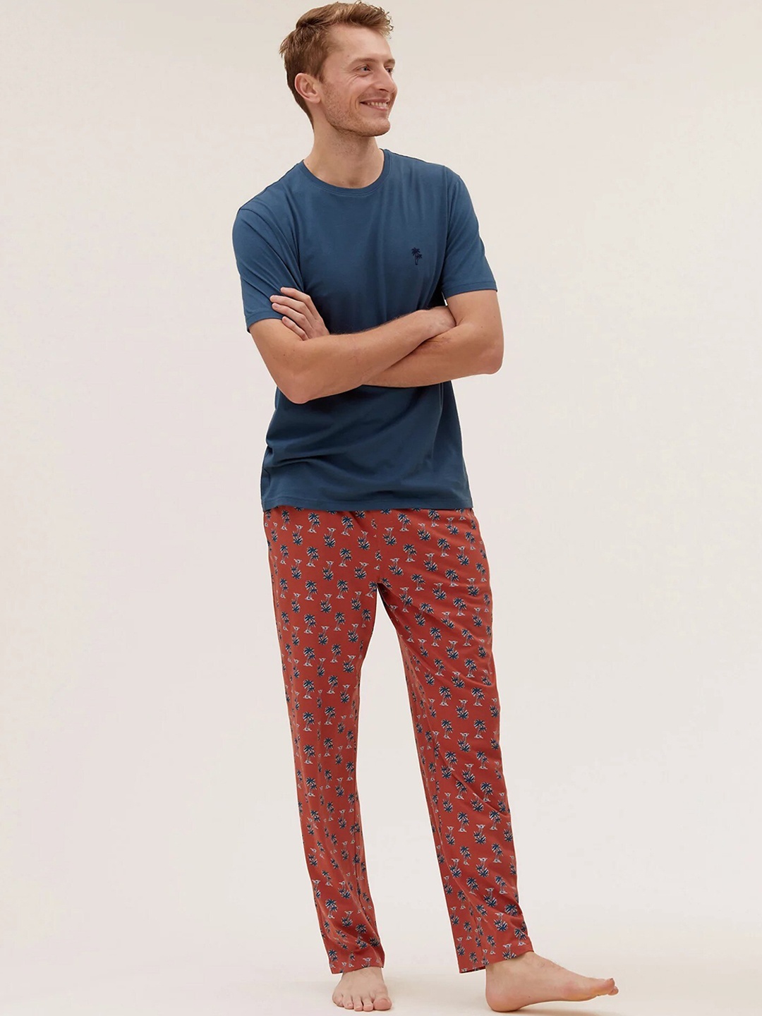 

Marks & Spencer Men Blue & Rust Printed Cotton Night suit