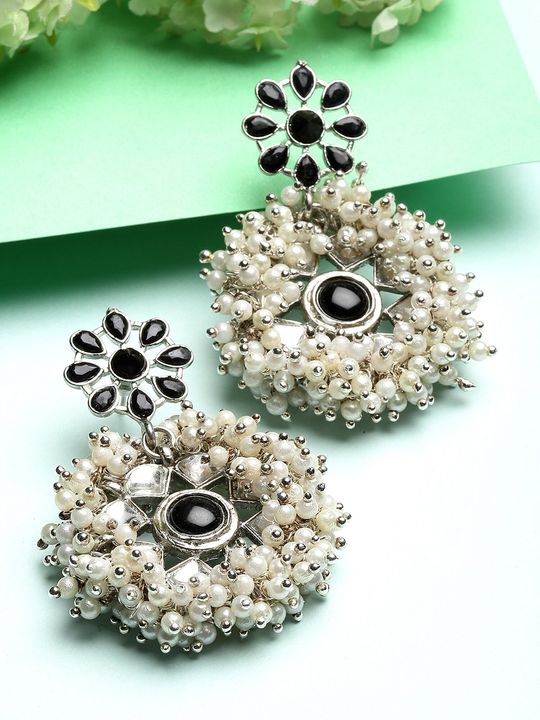 

KARATCART Silver-Toned & Black Contemporary Chandbalis Earrings
