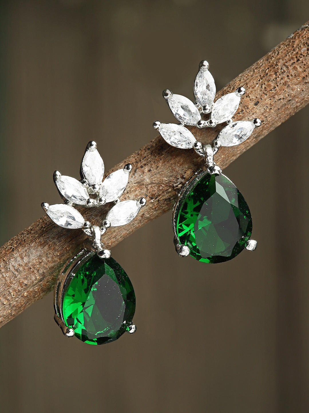 

KARATCART Silver-Toned & Green American Diamond Studded Teardrop Shaped Drop Earrings