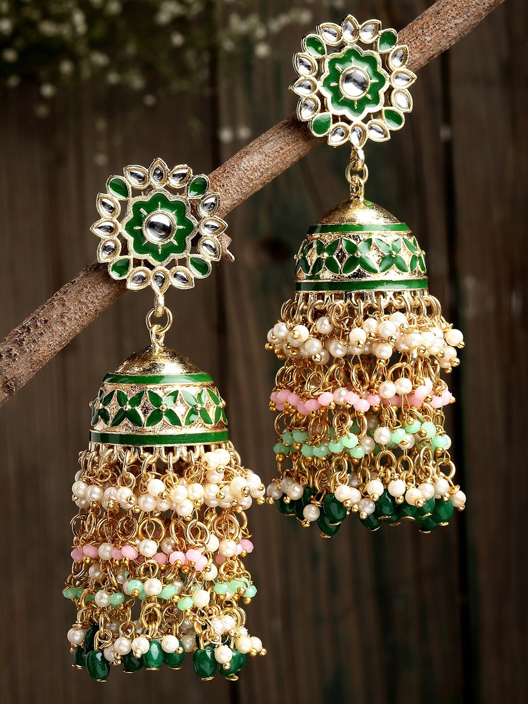 

KARATCART Gold-Toned & Green Crystals Dome Shaped Jhumkas Earrings