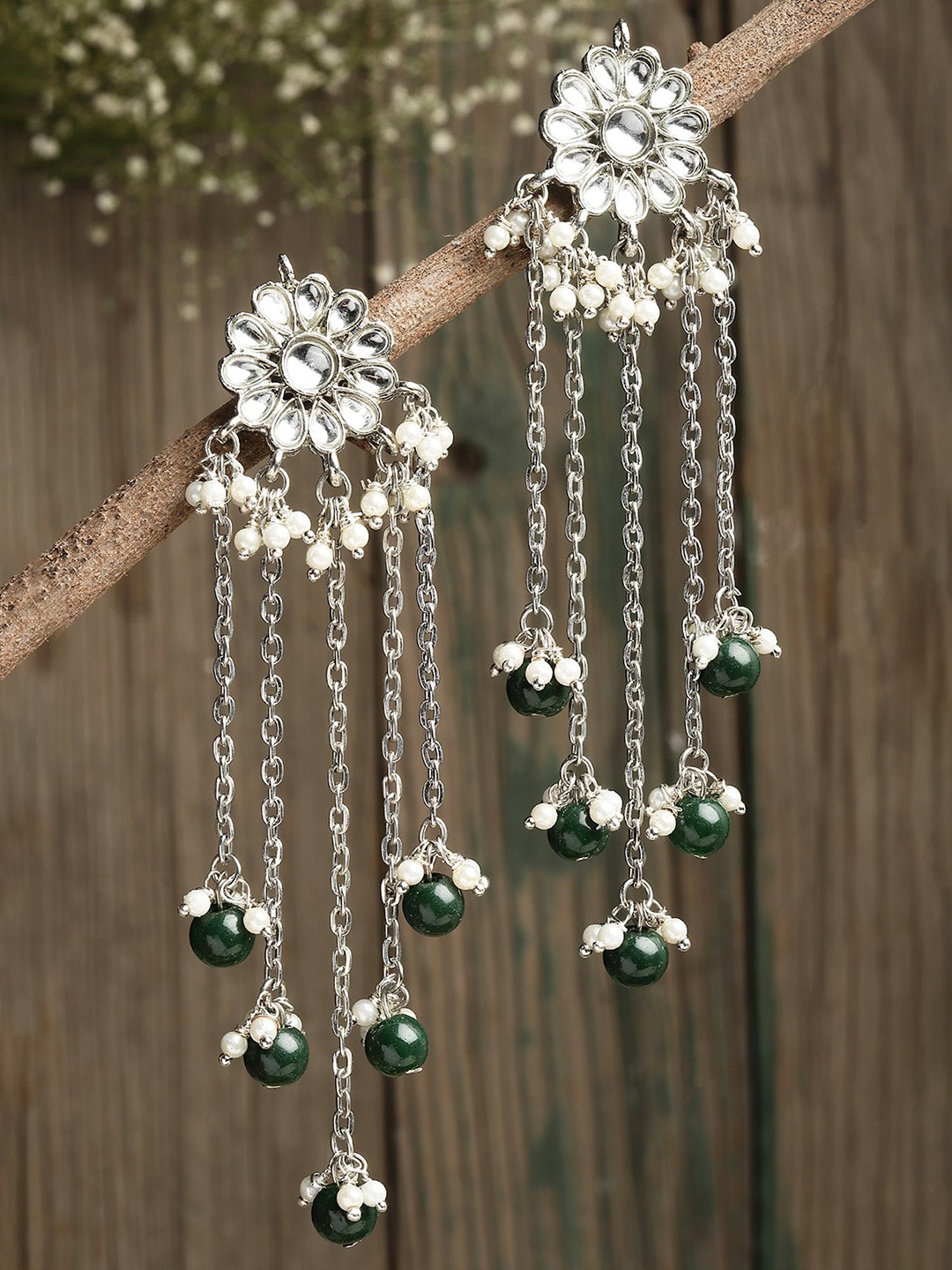 

KARATCART Oxidised Silver-Plated White & Green Kundan Studded Tasselled Drop Earrings
