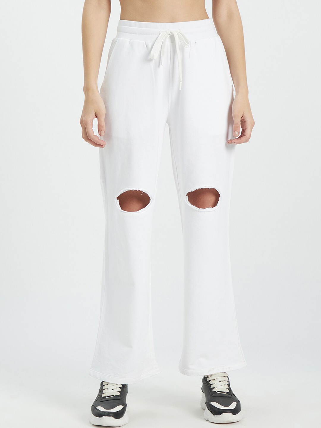 

EDRIO Women White Solid Ripped Cotton Track Pants