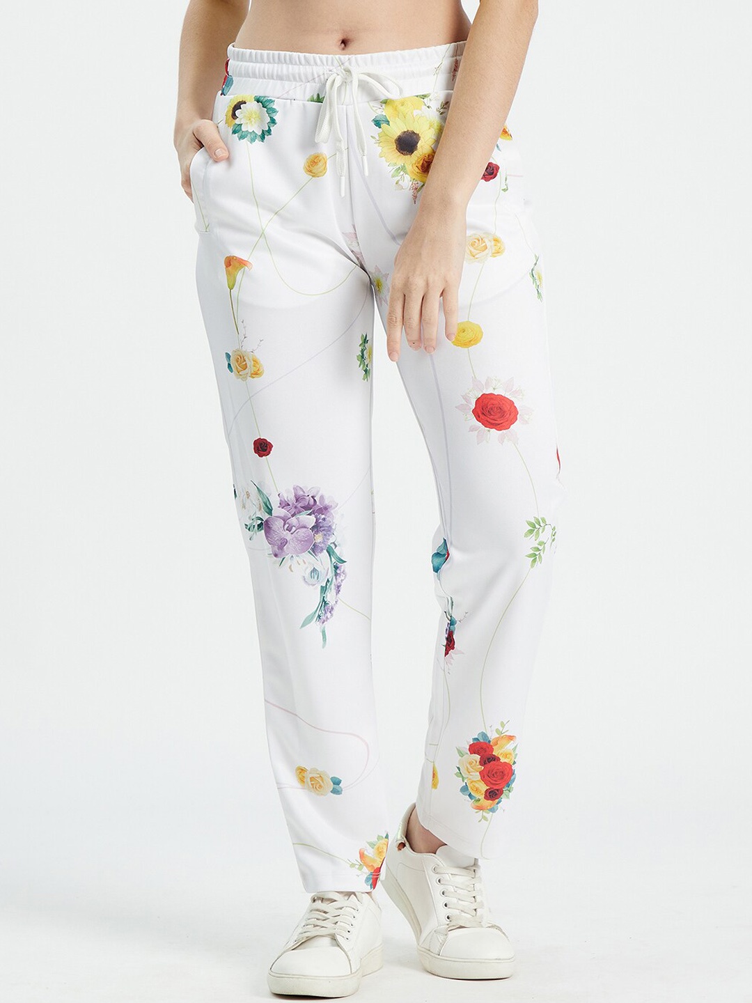 

EDRIO Women White Floral Printed Track Pants