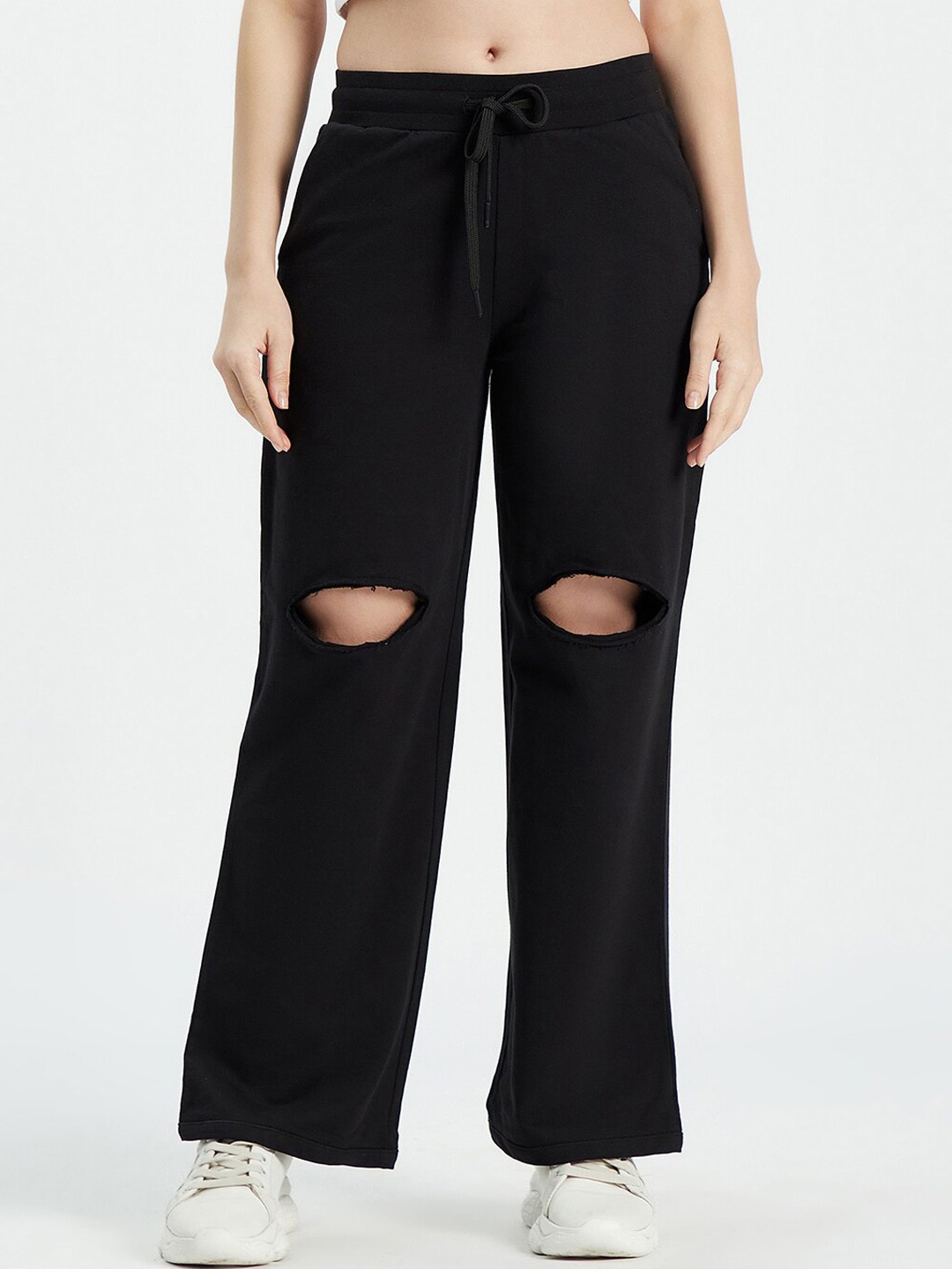 

EDRIO Women Black Solid Ripped Wide Leg Track Pants