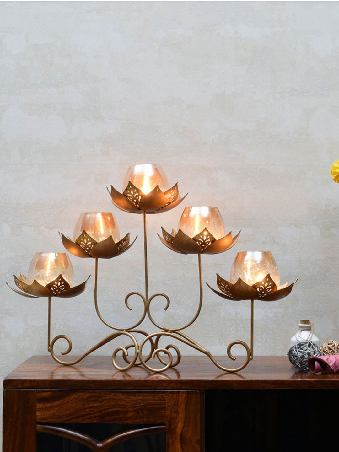 

Athome by Nilkamal Gold Toned 5 Lotus Candle Stand