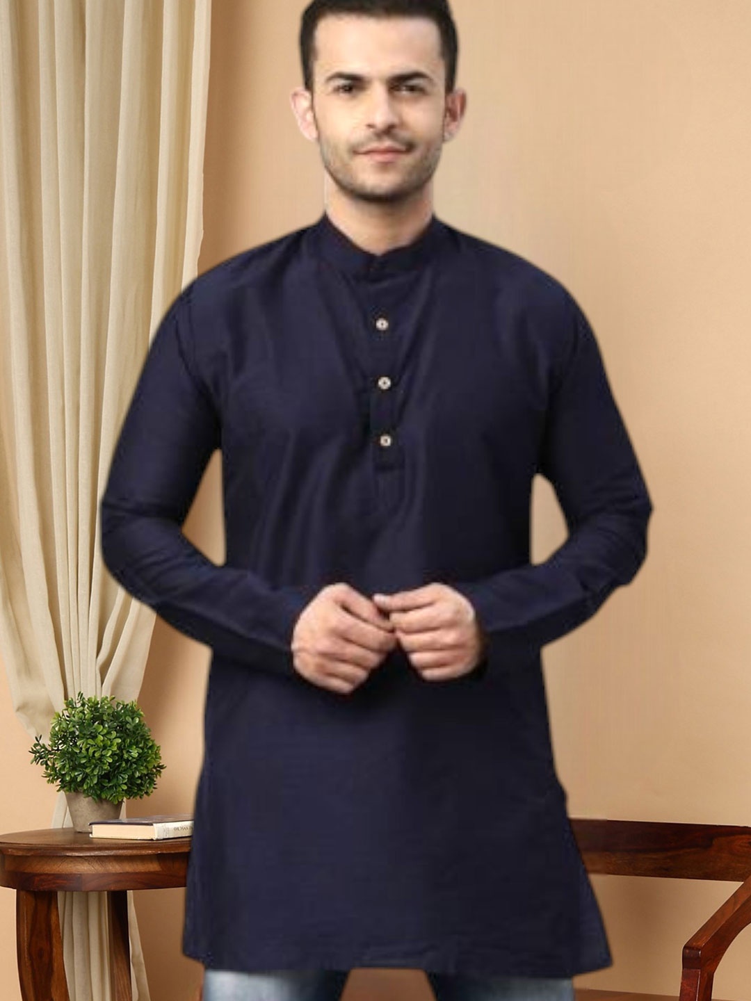 

TATTVA Men Navy Blue Solid Cotton A-line Kurta
