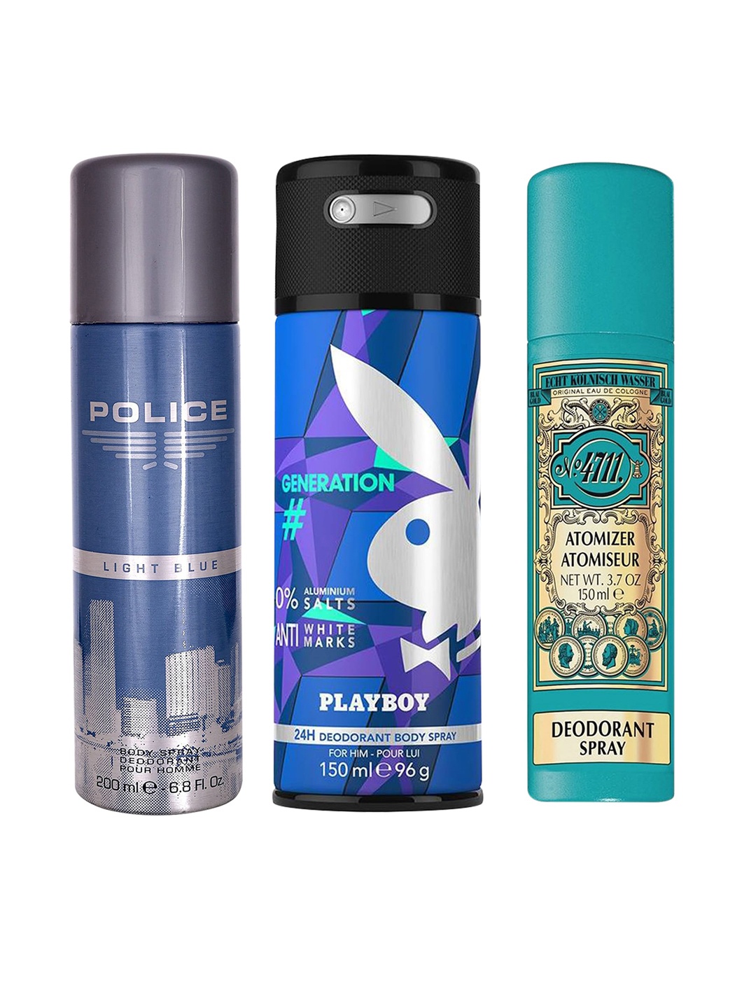 

Police x Playboy x 4711 Men Set of 3 Deodorant Body Spray - 500 ml, Blue