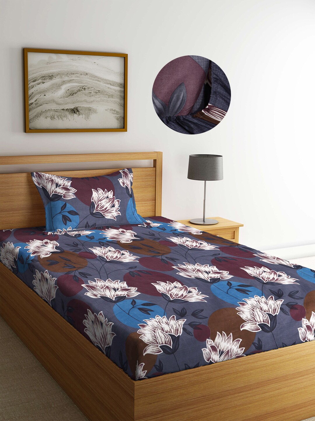 

Arrabi Brown & Blue Floral 300 TC Single Cotton Blend Bedsheet with 1 Pillow Cover