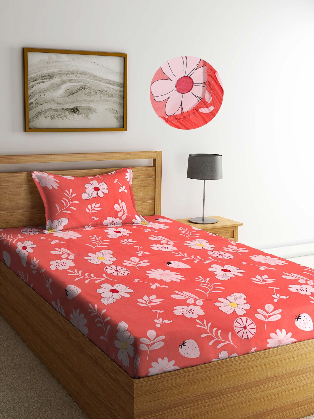 

Arrabi Orange Floral 300 TC Single Bedsheet with 1 Pillow Covers