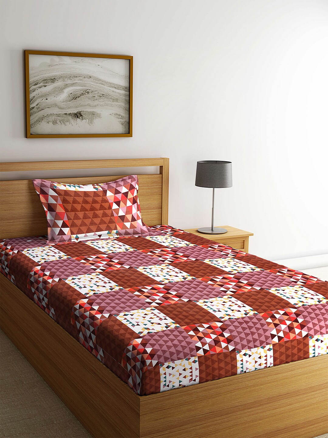 

Arrabi Brown Geometric 300 TC Single Cotton Fitted Bedsheet with 1 Pillow Covers