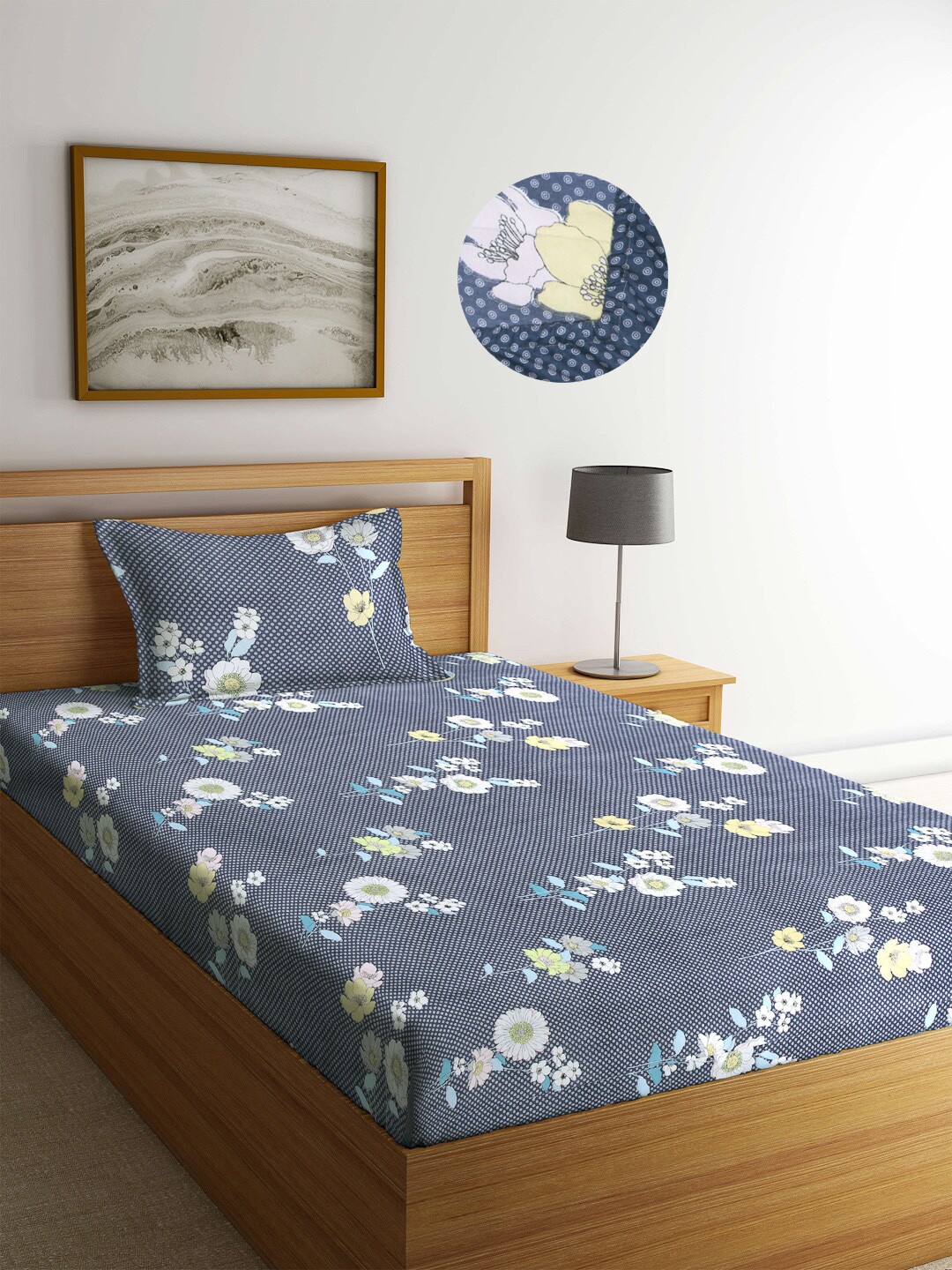 

Arrabi Blue Floral 300 TC Single Bedsheet with 1 Pillow Covers