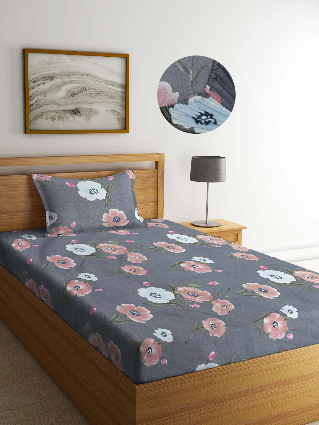 

Arrabi Grey Floral 300 TC Single Fitted Bedsheet with 1 Pillow Cover