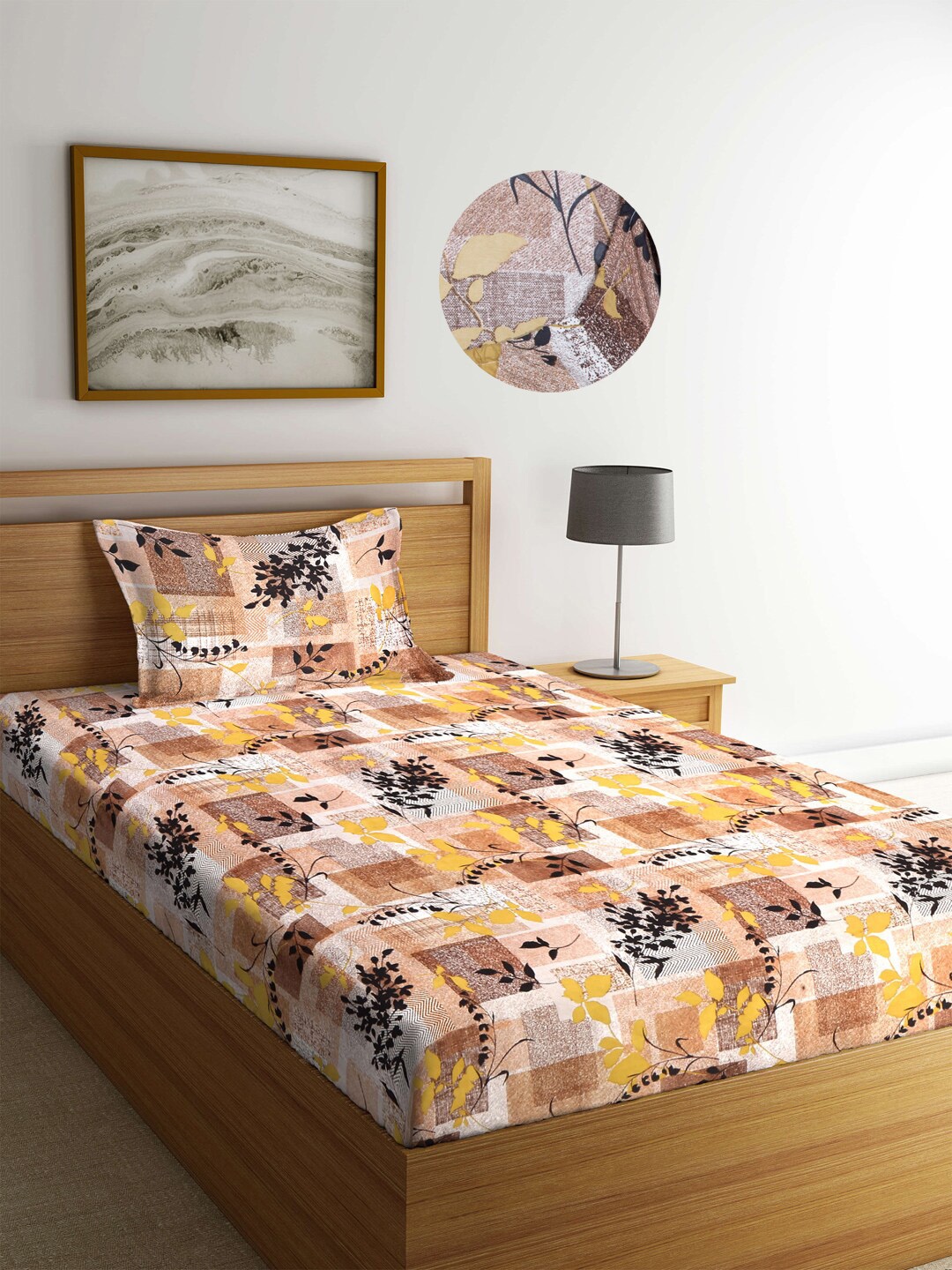 

Arrabi Brown Floral 300 TC Single Bedsheet with 1 Pillow Covers