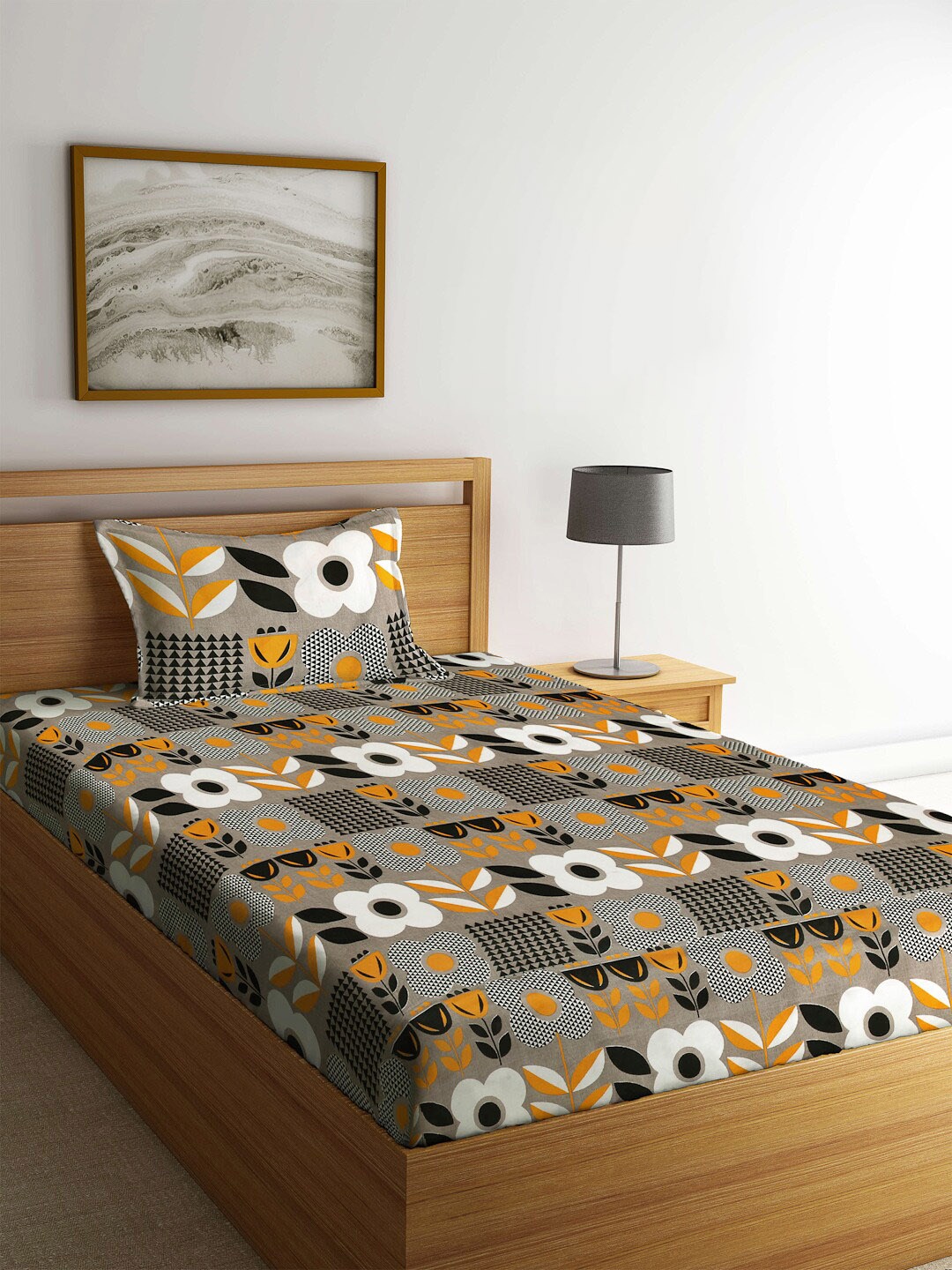 

Arrabi Grey & Black Floral Printed 300 TC Single Bedsheet with 1 Pillow Covers