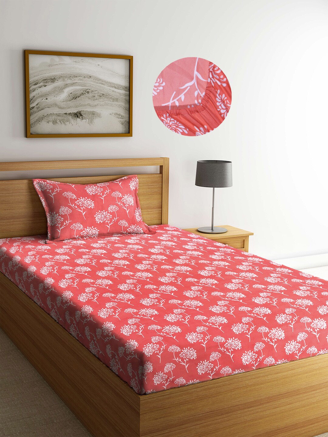 

Arrabi Orange Floral 300 TC Single Bedsheet with 1 Pillow Covers