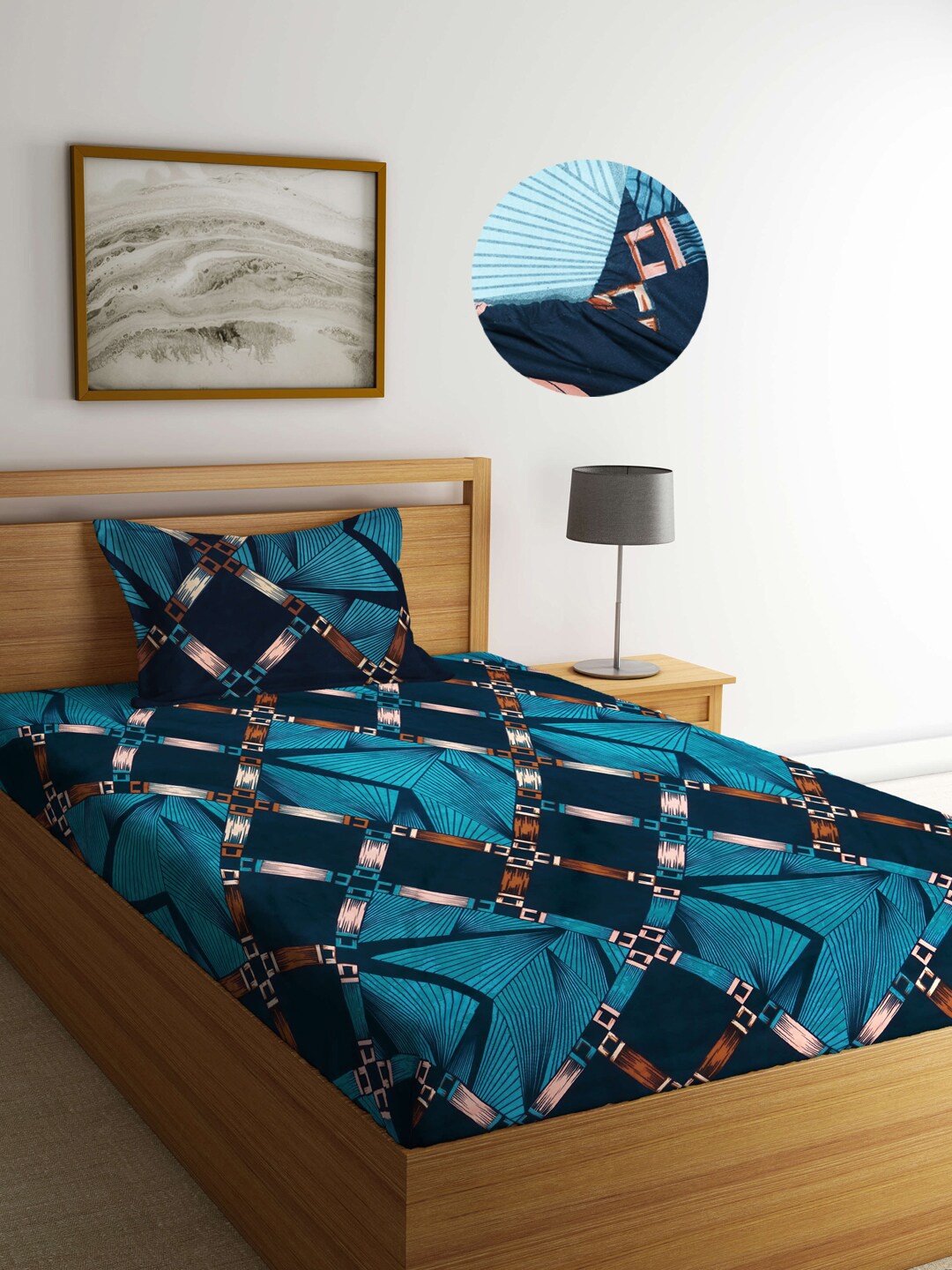 

Arrabi Blue Graphic 300 TC Fitted Single Bedsheet with 1 Pillow Covers
