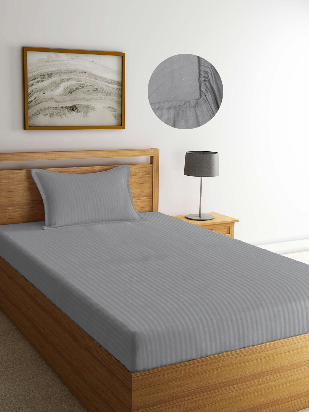 Arrabi Grey Striped 300 TC Single Bedsheet with 1 Pillow Covers