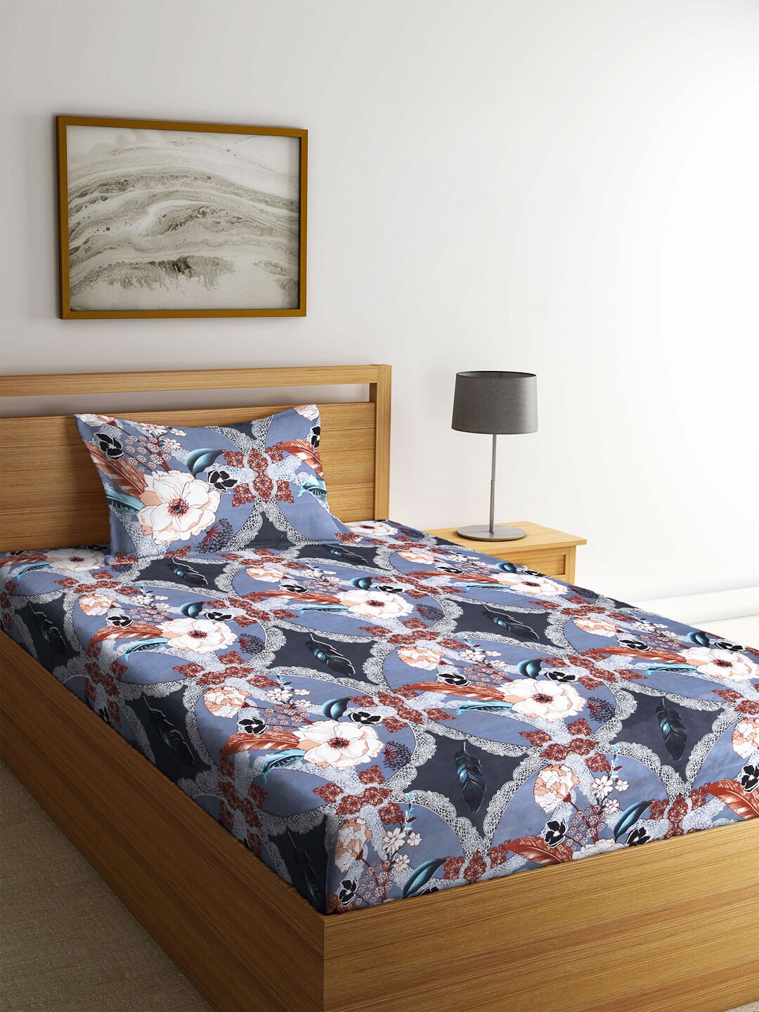 

Arrabi Blue Floral 300 TC Single Bedsheet with 1 Pillow Covers