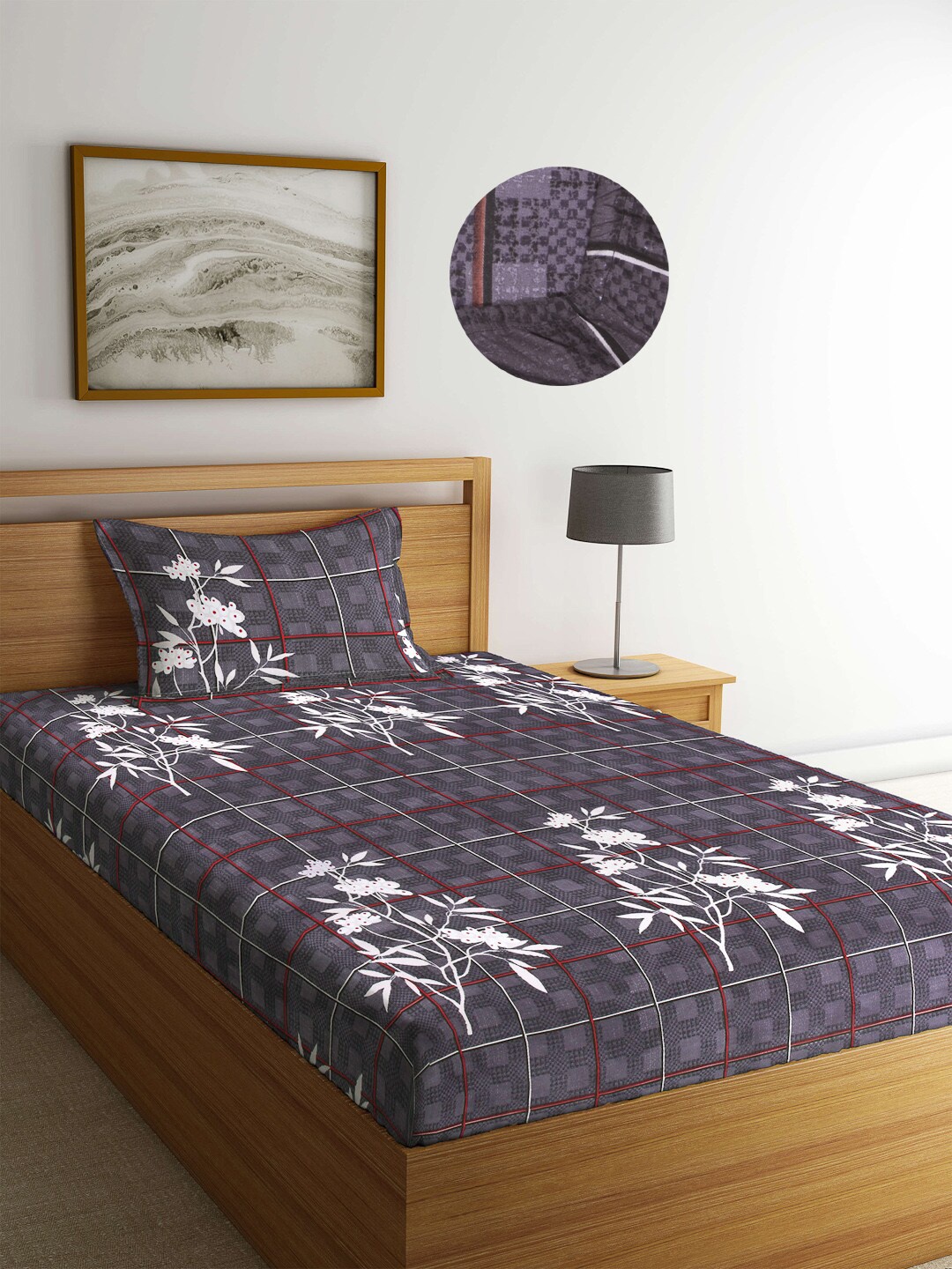 

Arrabi Grey Floral 300 TC Single Bedsheet with 1 Pillow Covers