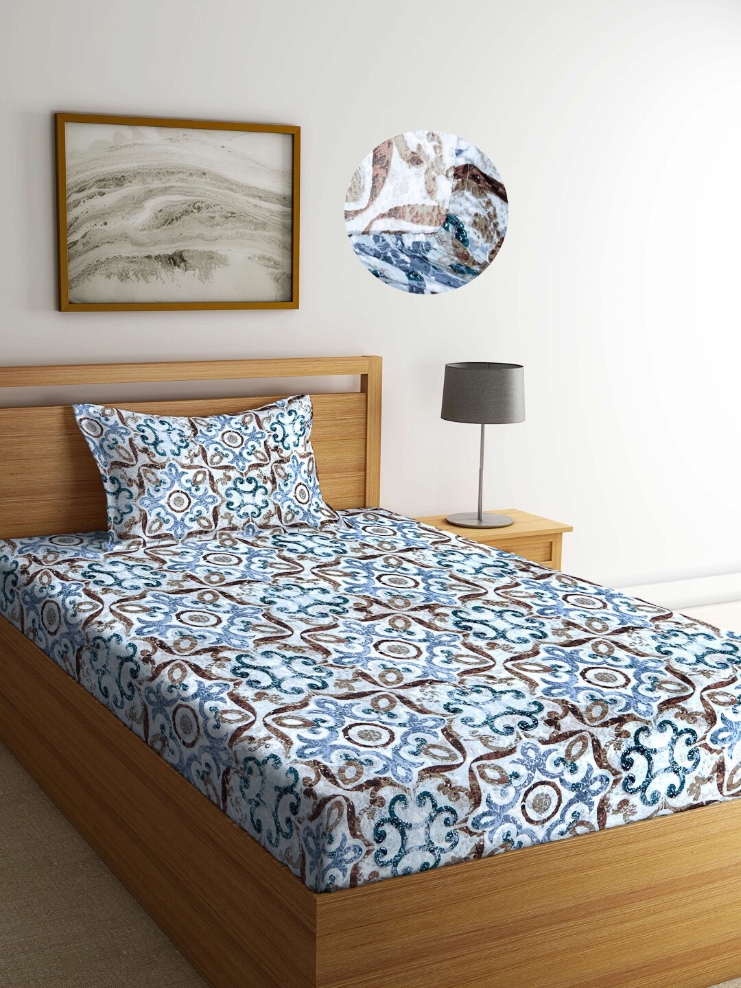 

Arrabi Blue & Brown Ethnic Motifs Printed 300 TC Single Bedsheet with 1 Pillow Covers