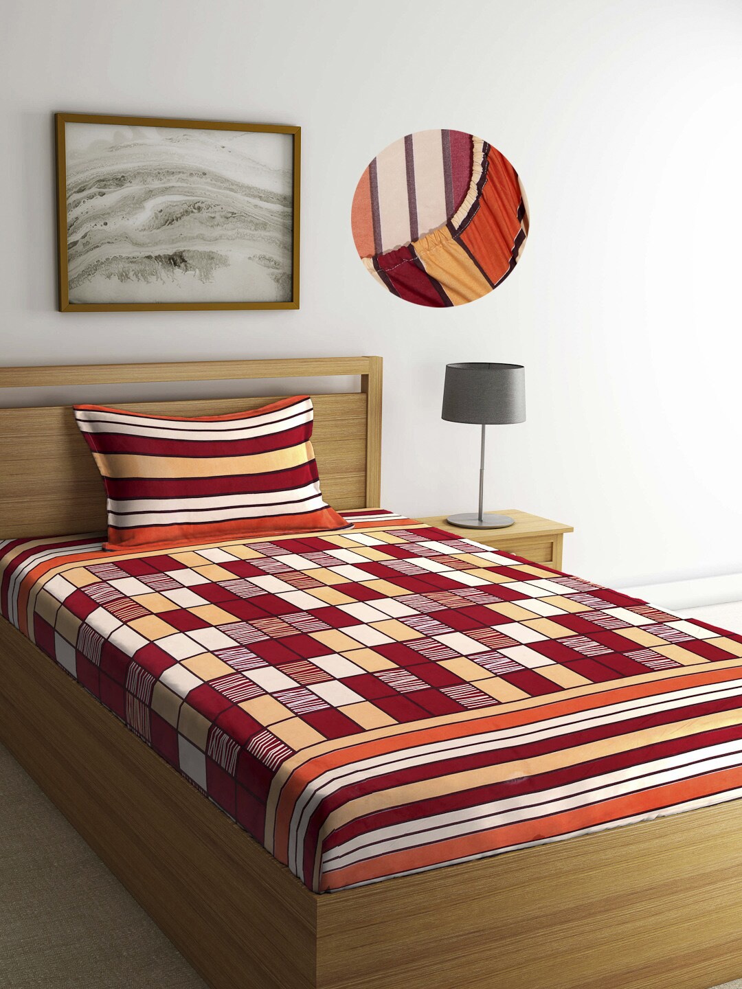 

Arrabi Maroon & Beige Geometric 300 TC Single Bedsheet with 1 Pillow Covers