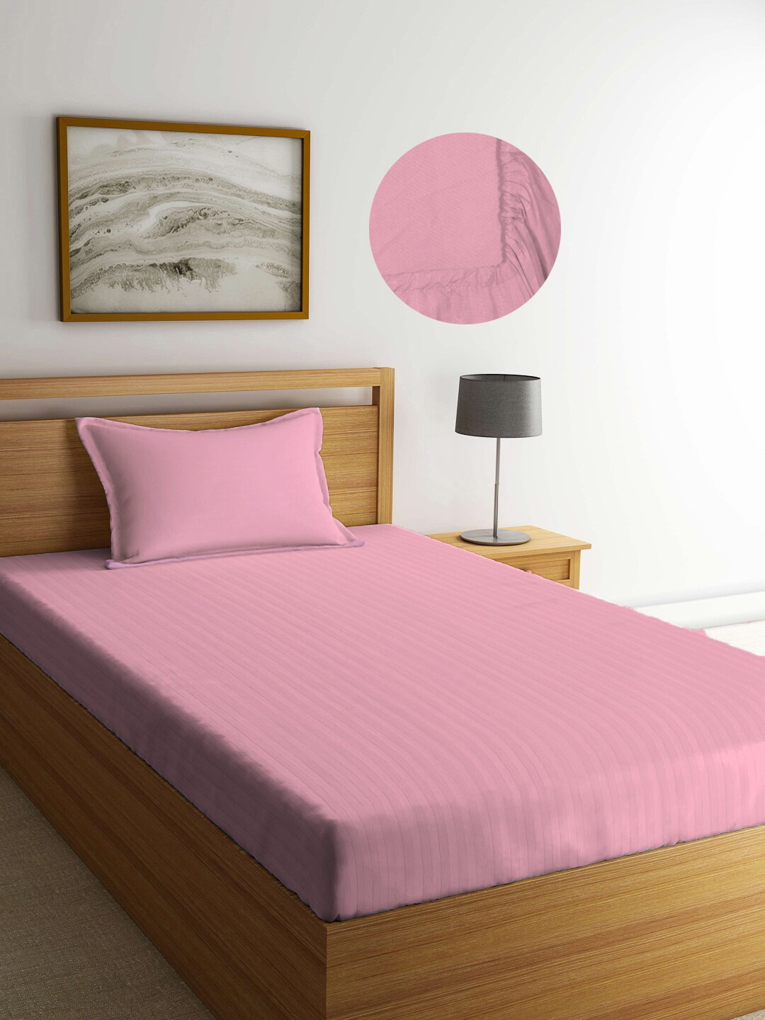 

Arrabi Pink Striped 300 TC Single Bedsheet with 1 Pillow Covers