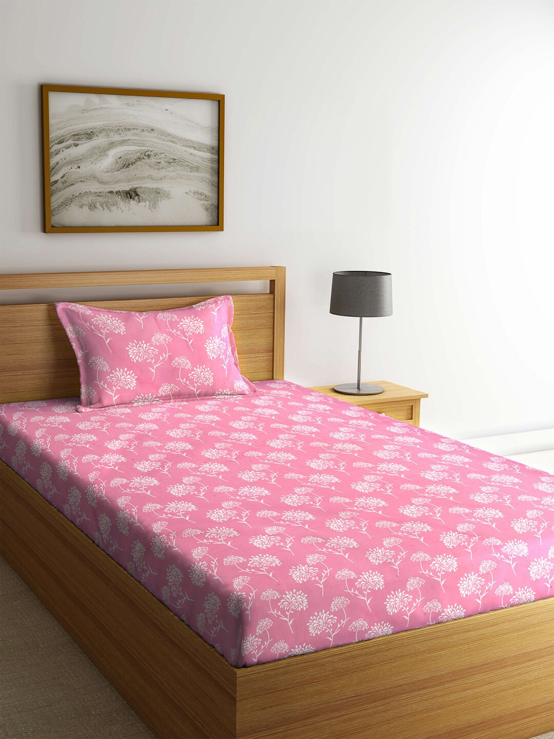 

Arrabi Pink Floral 300 TC Single Bedsheet with 1 Pillow Covers