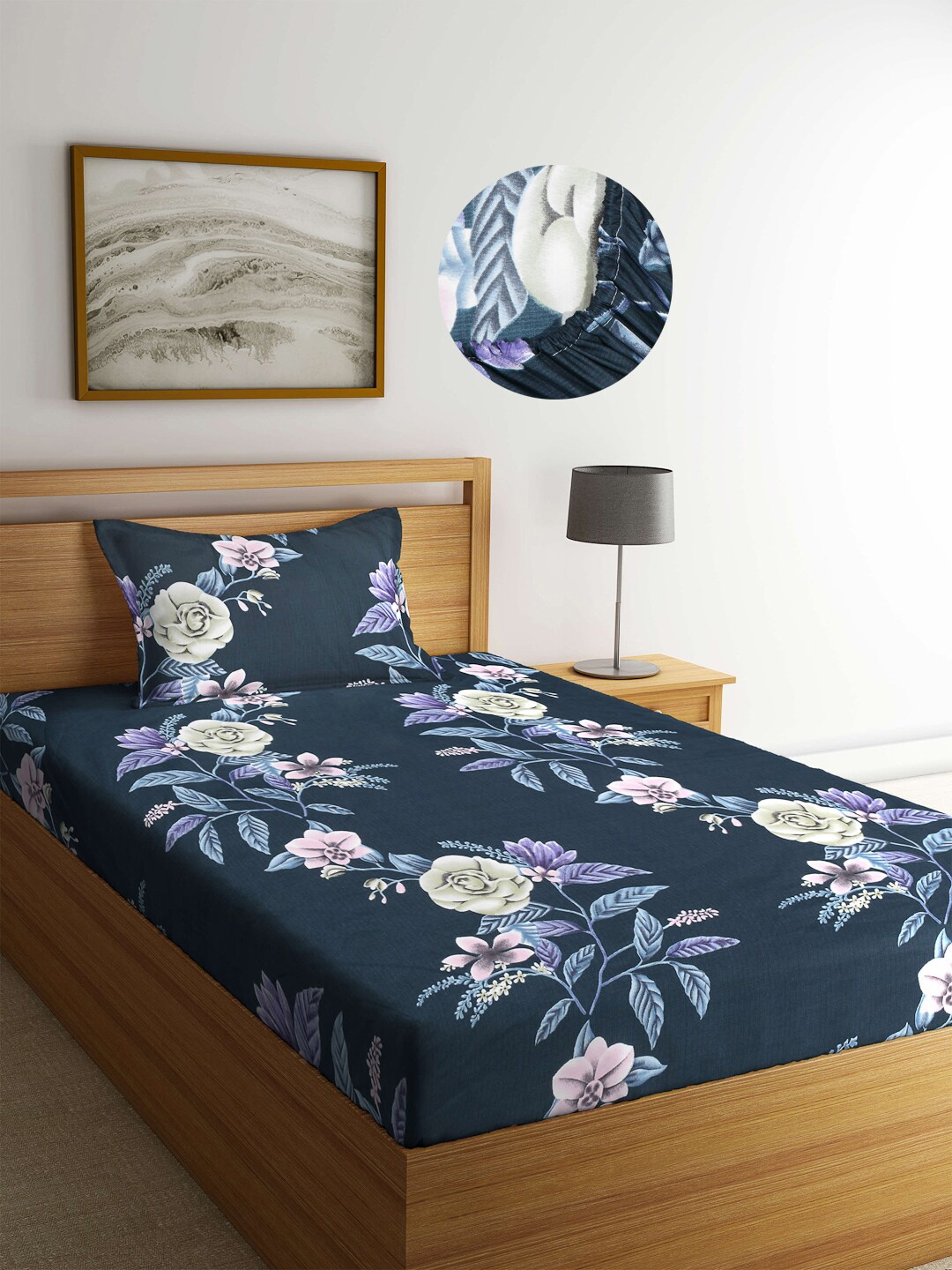 

Arrabi Blue Floral Printed 300 TC Single Bedsheet with 1 Pillow Covers
