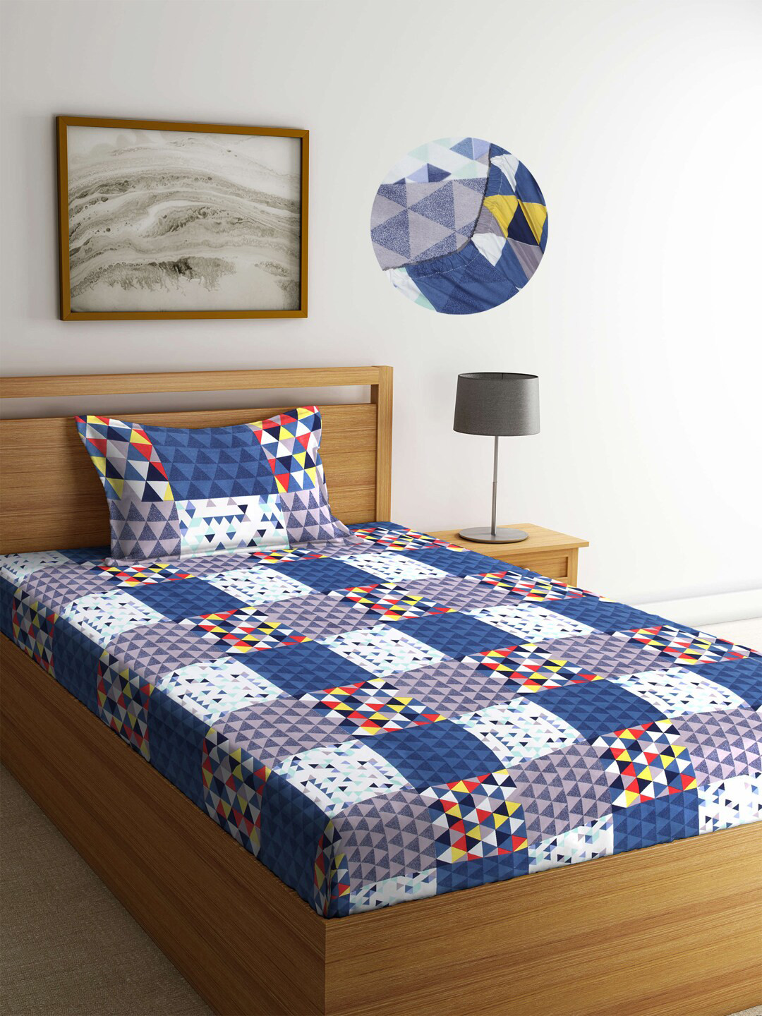 

Arrabi Blue & White Geometric 300 TC Single Bedsheet with 1 Pillow Covers