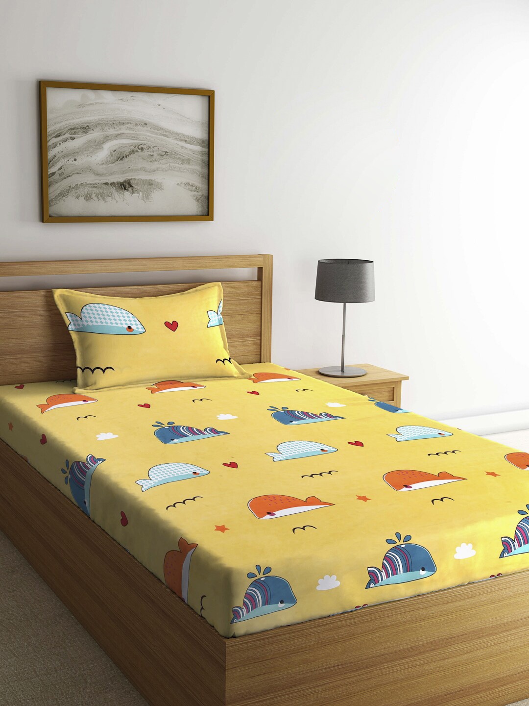 

Arrabi Yellow Graphic 300 TC Single Bedsheet with 1 Pillow Covers