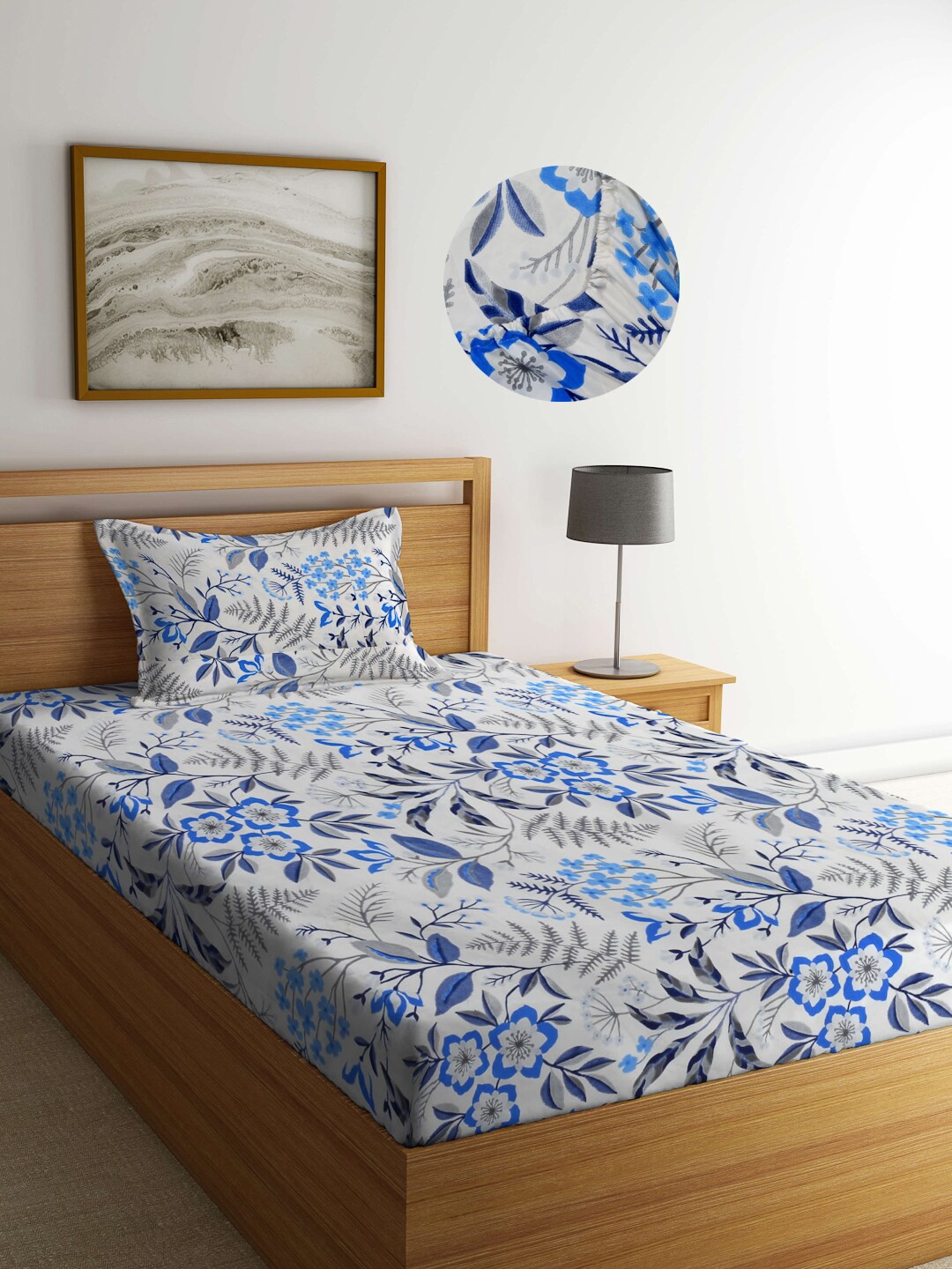 

Arrabi Grey & Blue Floral 300 TC Single Bedsheet with 1 Pillow Cover