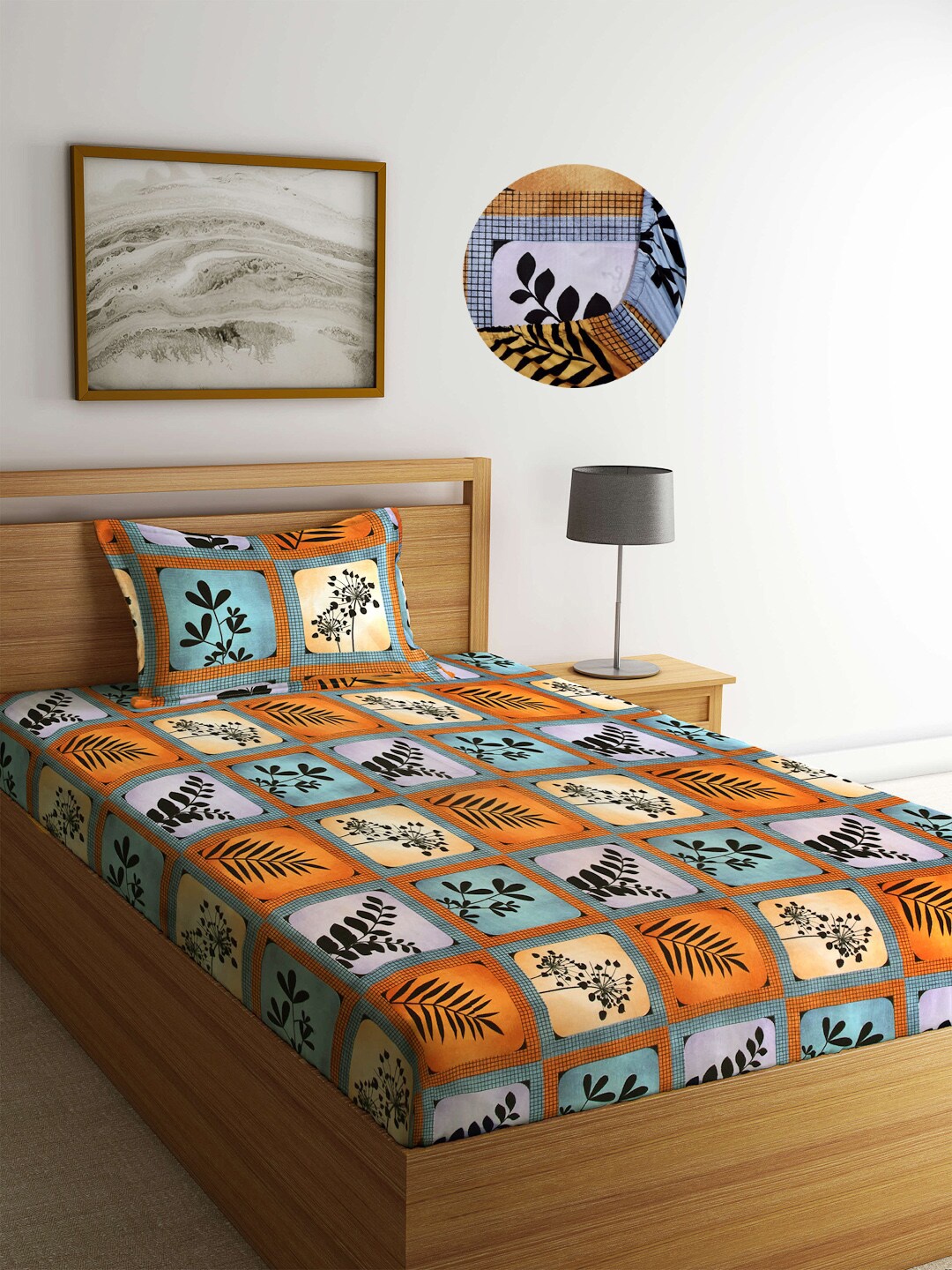 Arrabi Orange & Blue Floral Printed 300 TC Single Bedsheet with 1 Pillow Covers