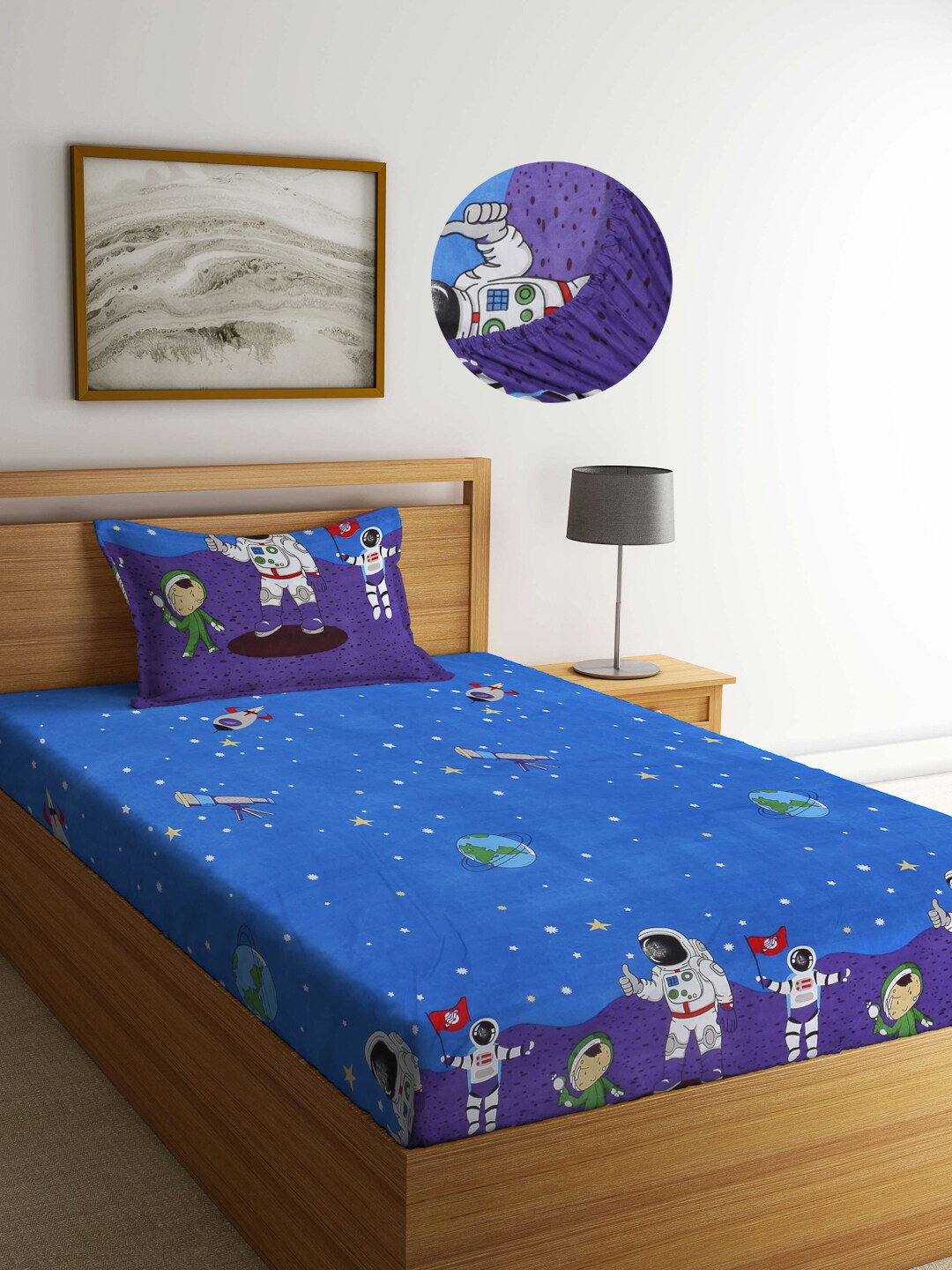 

Arrabi Blue Graphic 300 TC Single Bedsheet with 1 Pillow Covers
