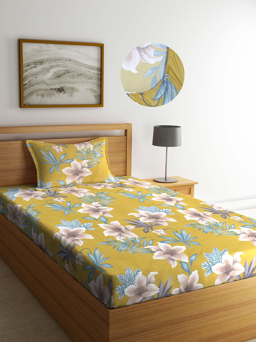 Arrabi Yellow & Multicoloured Floral 300 TC Single Bedsheet with 1 Pillow Covers