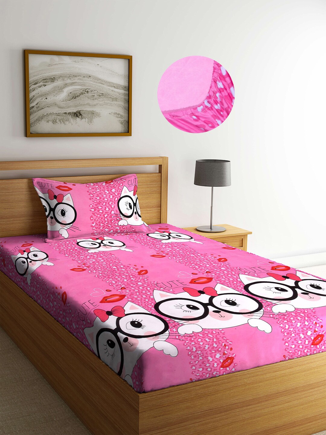 Arrabi Pink Cartoon Characters 300 TC Single Bedsheet with 1 Pillow Covers