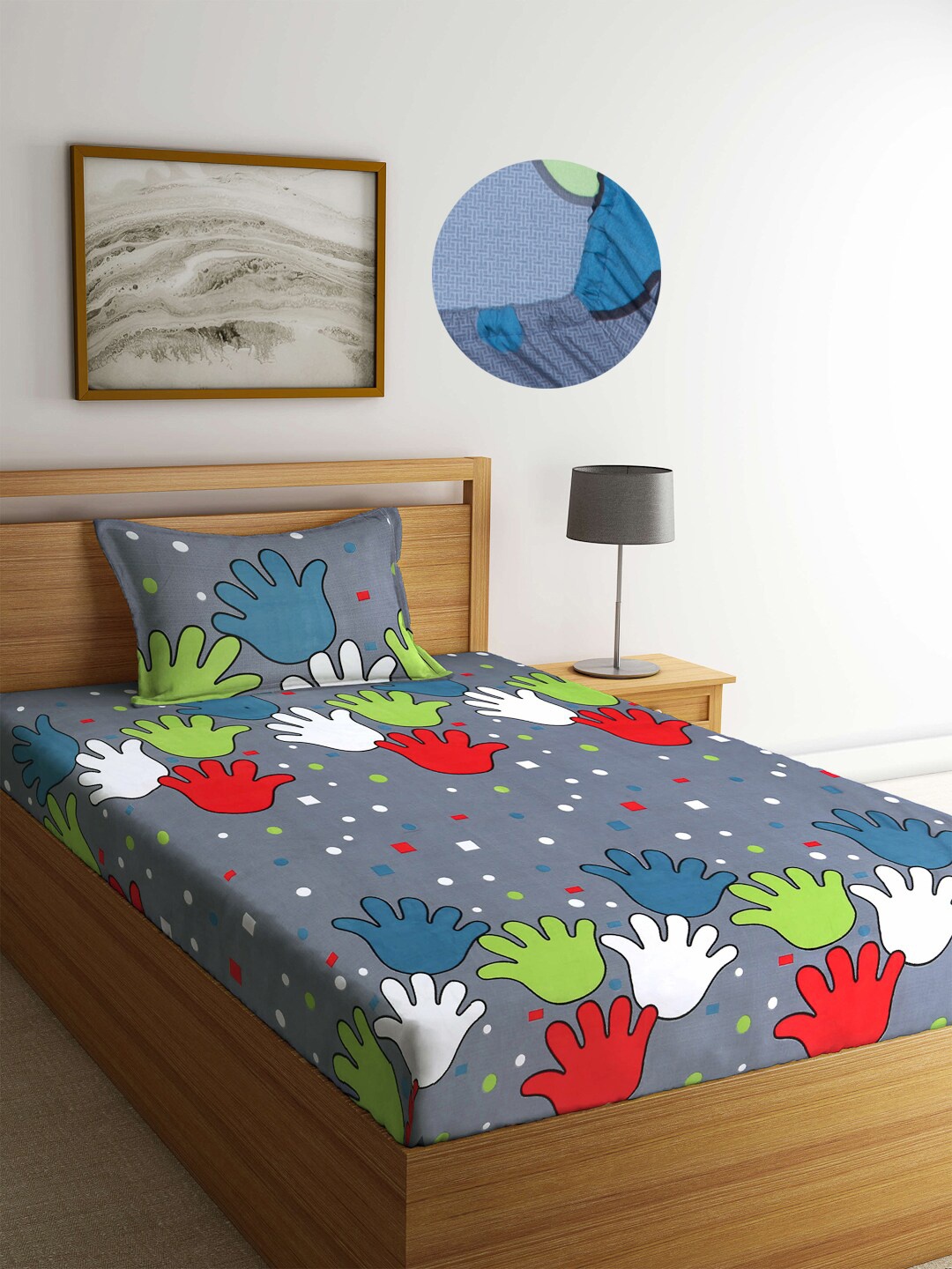 

Arrabi Grey & Multicoloured Graphic 300 TC Single Bedsheet with 1 Pillow Covers
