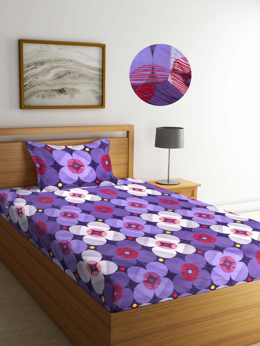 

Arrabi Blue & Purple Geometric 300 TC Single Fitted Bedsheet with 1 Pillow Cover
