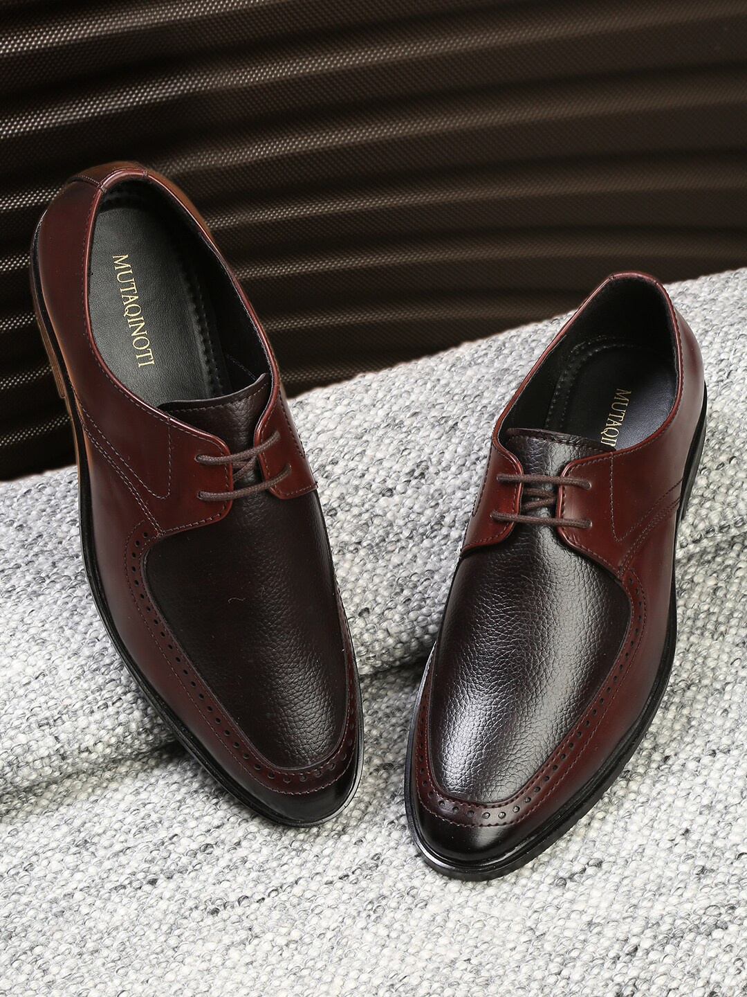 

MUTAQINOTI Men Burgundy Solid Leather Formal Derbys