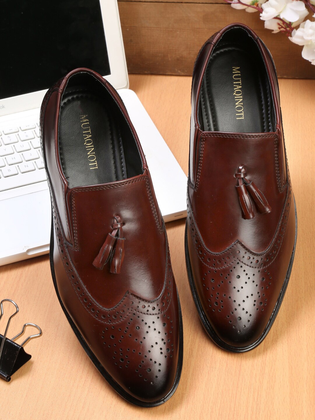 

MUTAQINOTI Men Burgundy Patent Leather Slip-On Formal Shoes