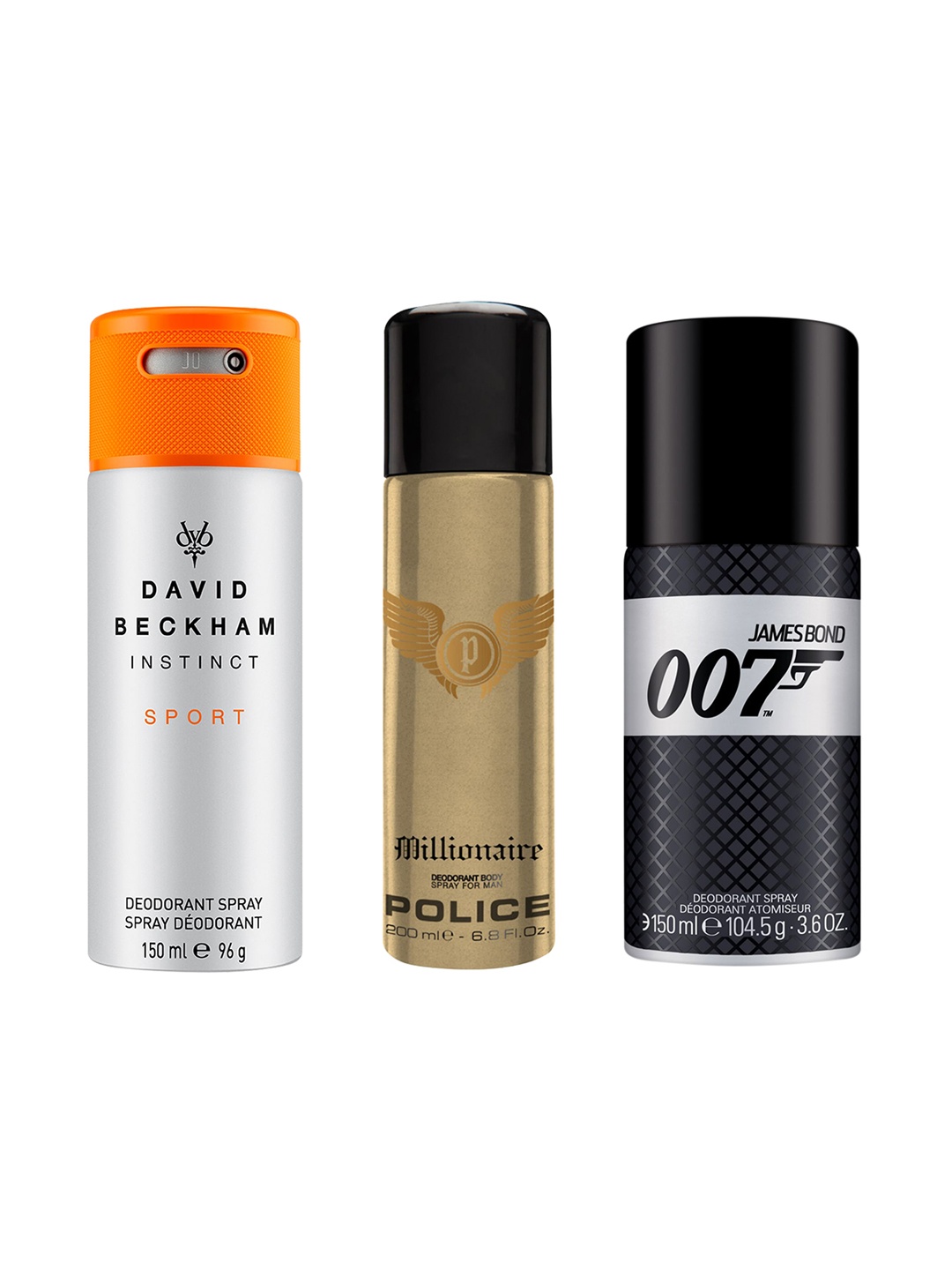 

David Beckham Men Set of Instinct Sport + Police Millionaire + James Bond 007 Deodorants, Silver