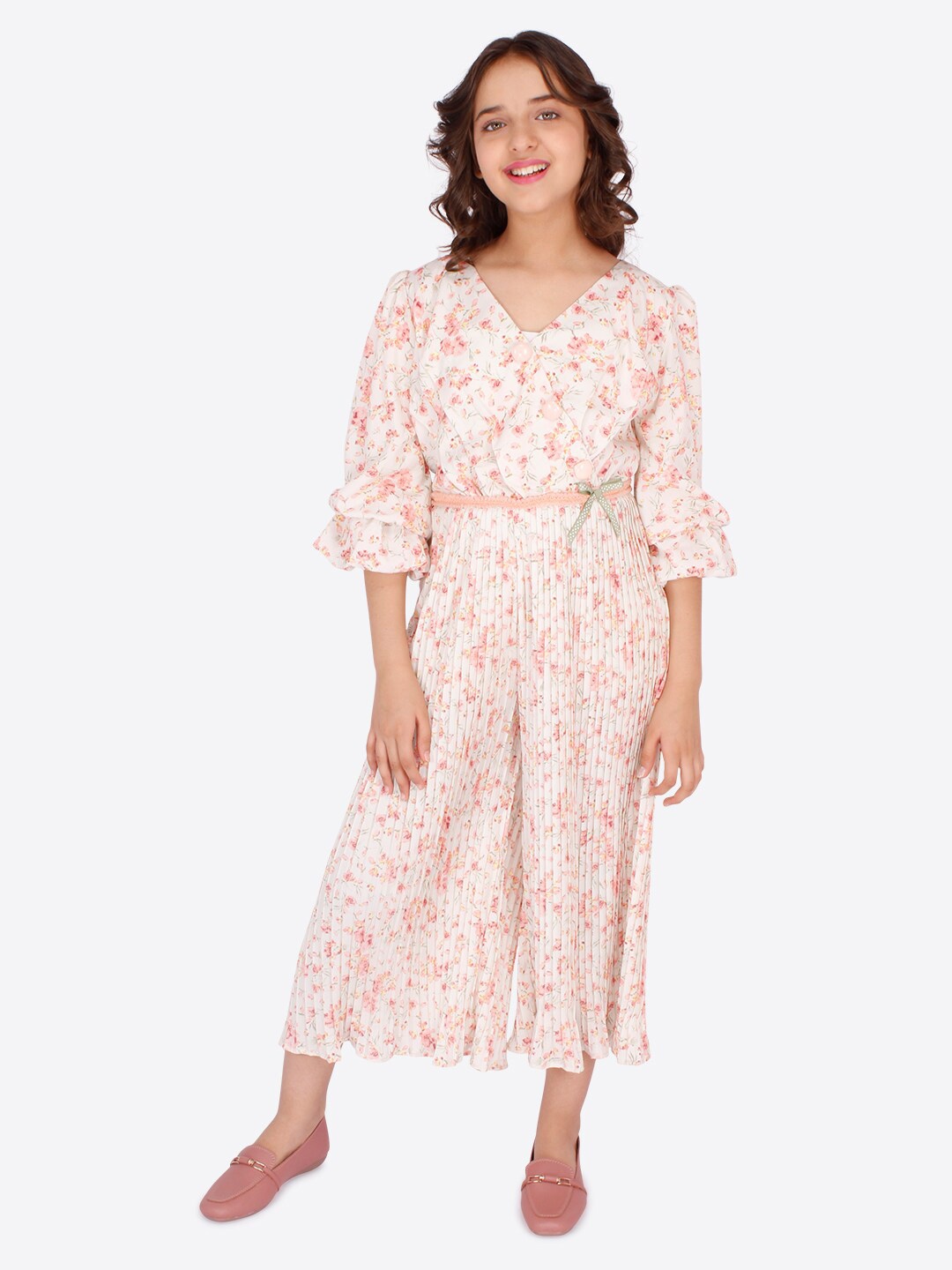 

CUTECUMBER Girls Off White & Pink Floral Printed Culotte Jumpsuit