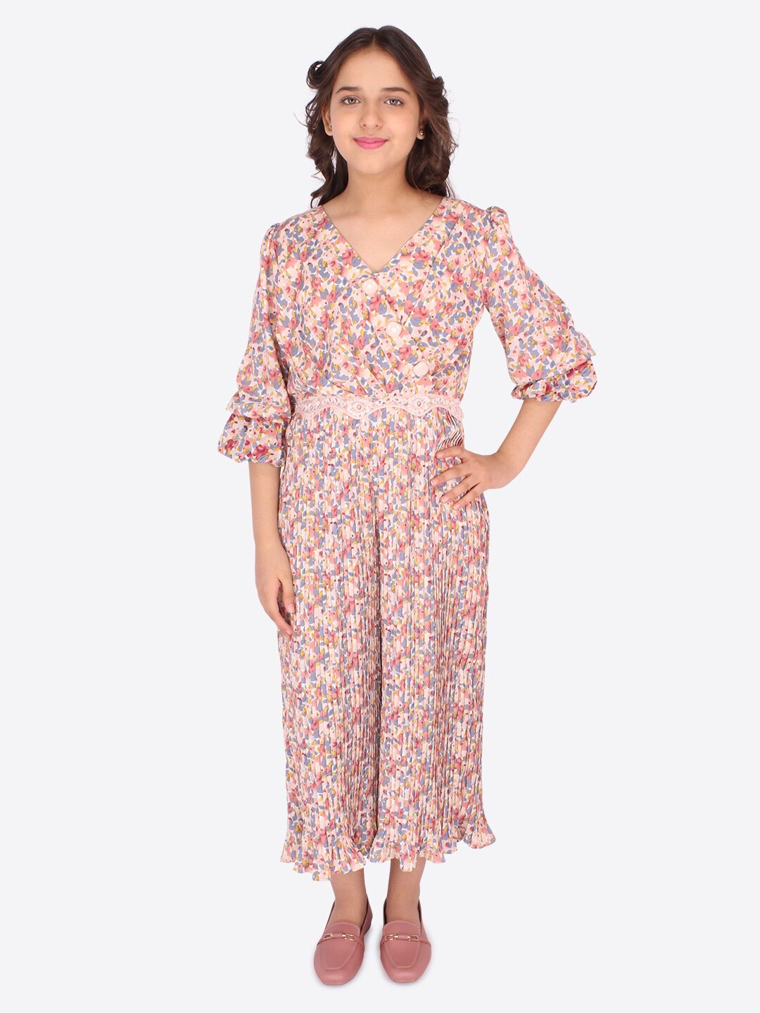 

CUTECUMBER Girls Pink & Grey Floral Printed Culotte Jumpsuit