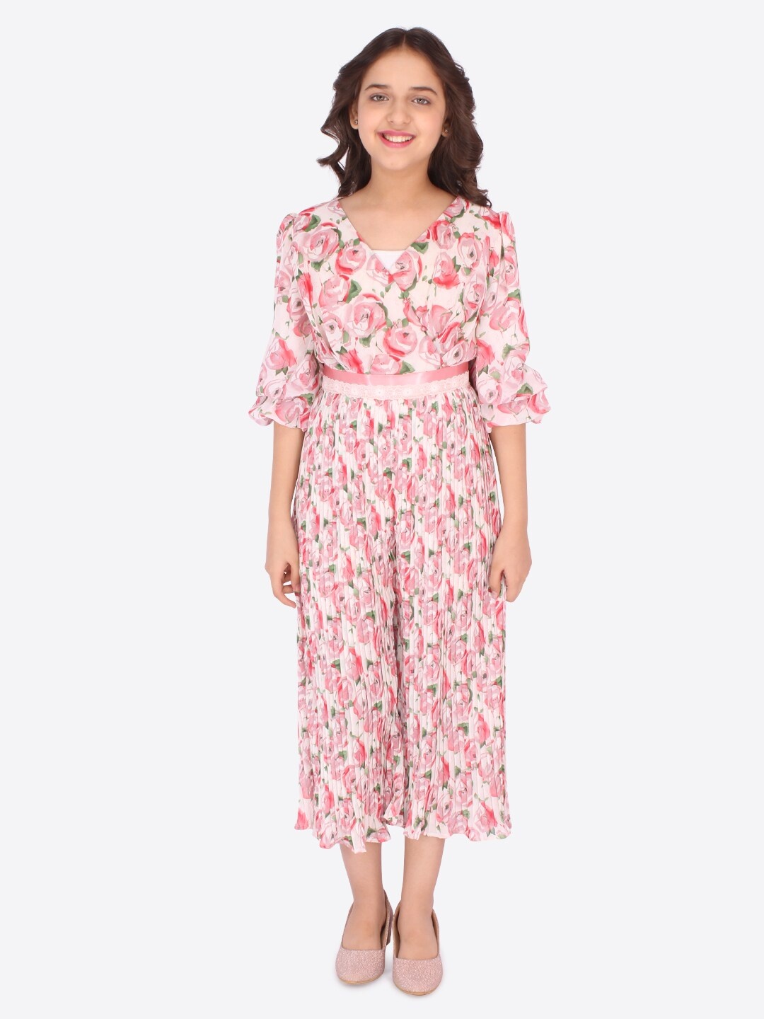 

CUTECUMBER Girls Cream-Coloured & Pink Printed Basic Jumpsuit