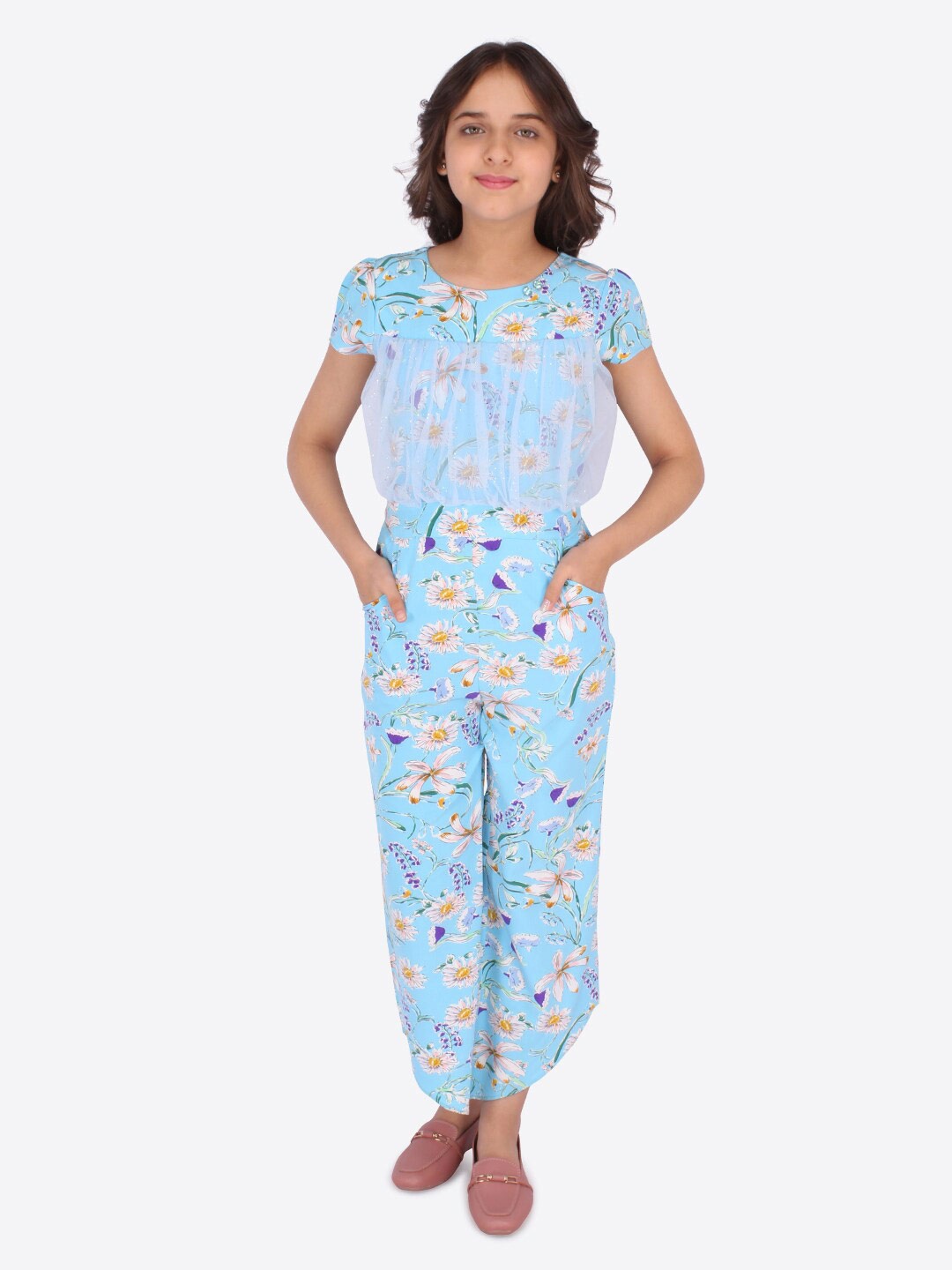 

CUTECUMBER Girls Blue & White Printed Round Neck Basic Jumpsuit