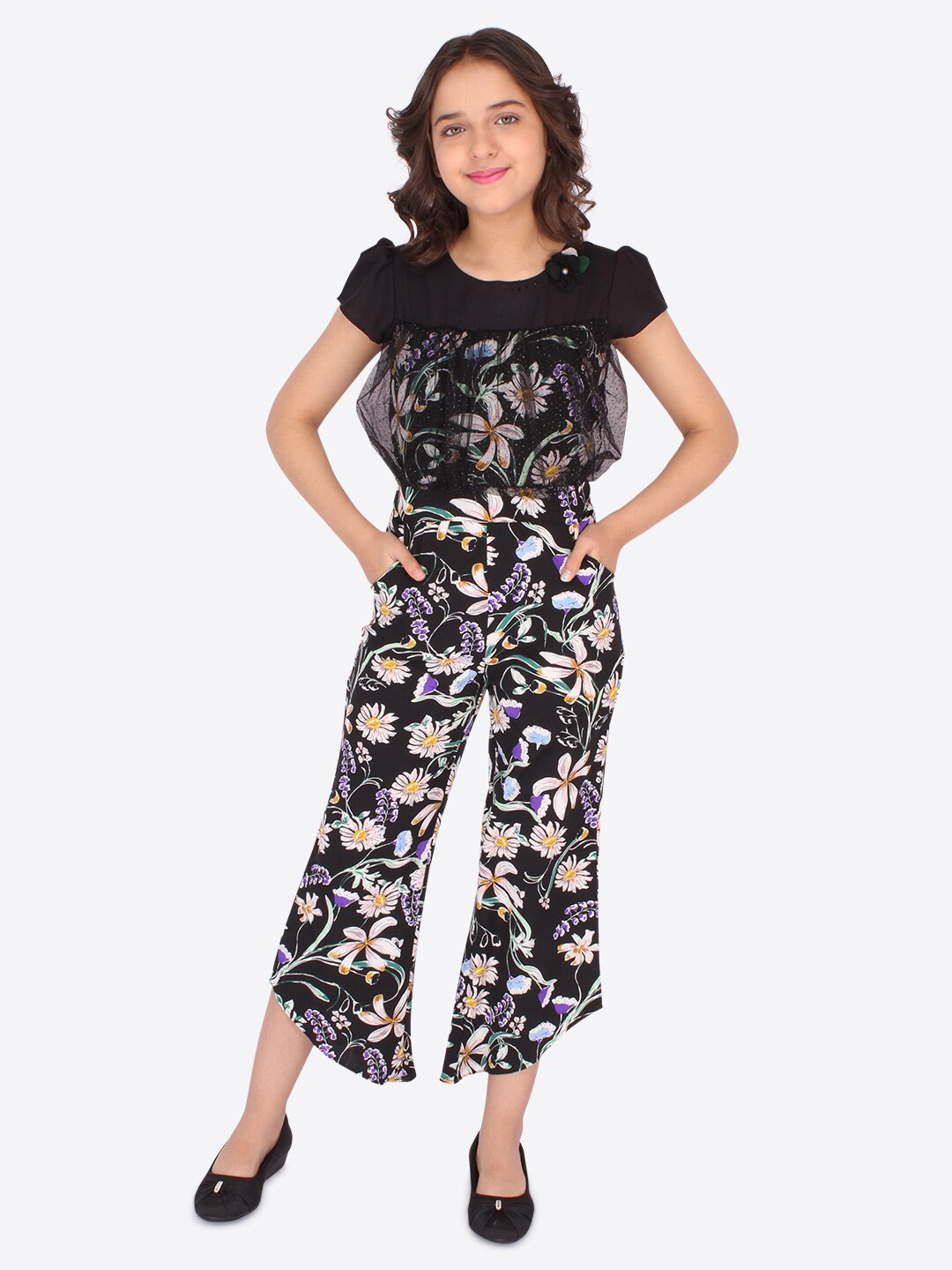 

CUTECUMBER Girls Black & White Floral Printed Culotte Jumpsuit