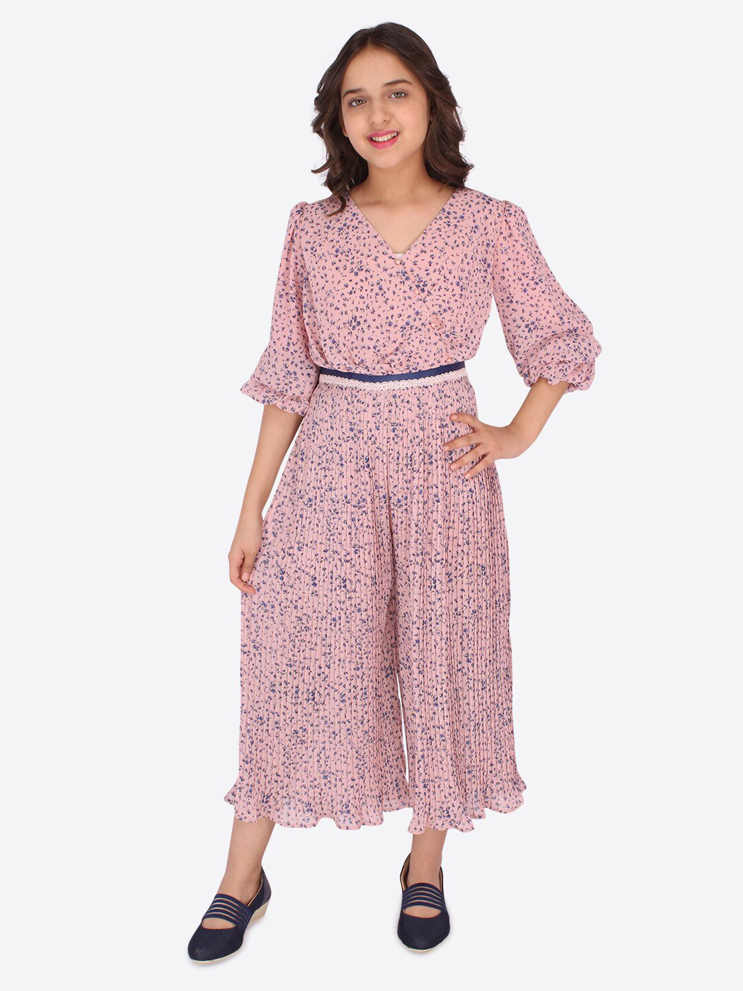 

CUTECUMBER Girls Pink & Blue Printed Culotte Jumpsuit