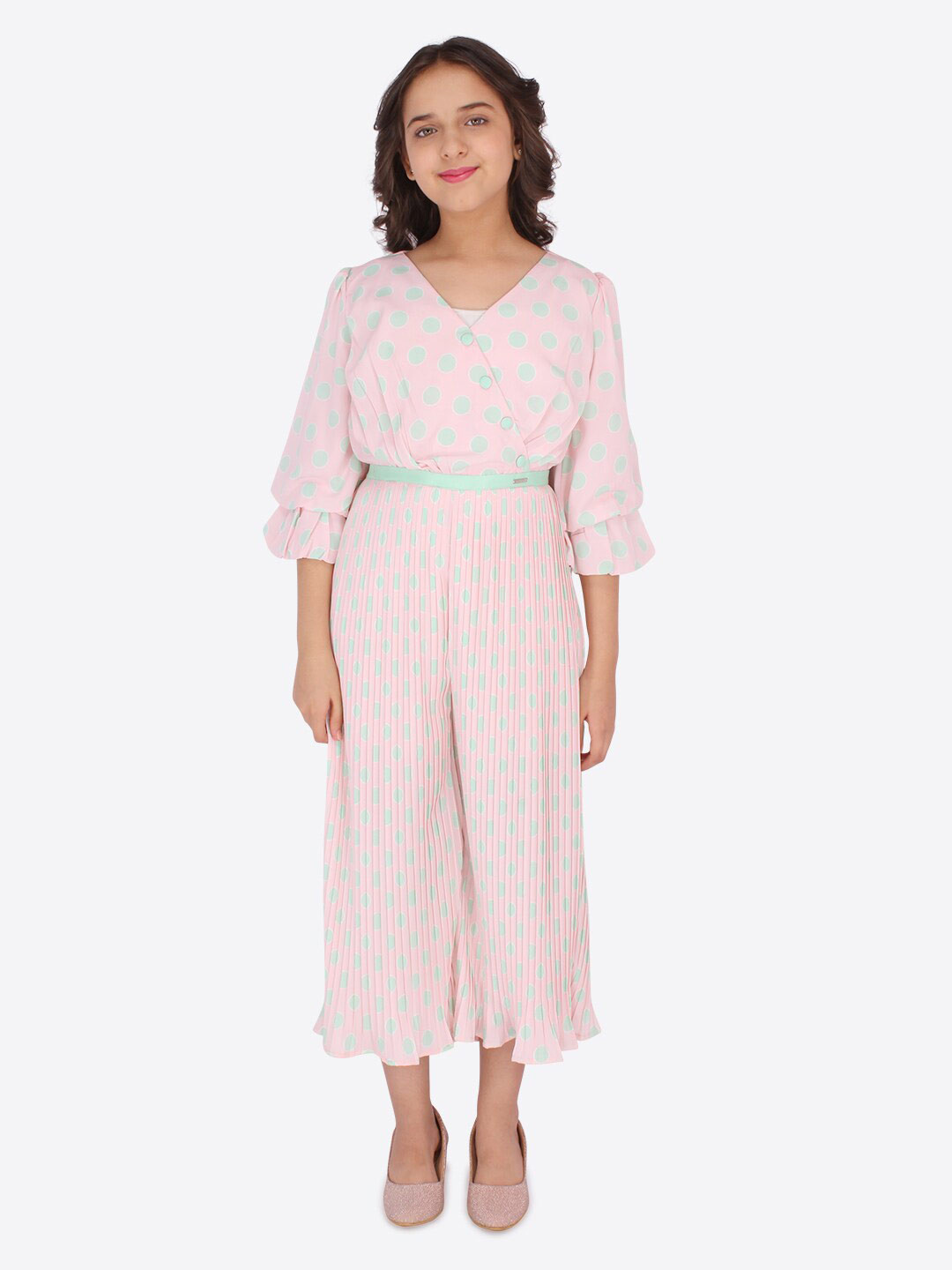 

CUTECUMBER Girls Pink & Green Printed Culotte Jumpsuit
