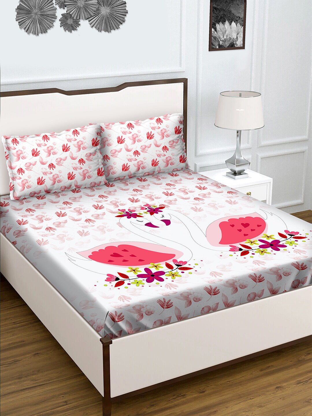 

BELLA CASA White & Pink Conversational 180 TC King Bedsheet with 2 Pillow Covers