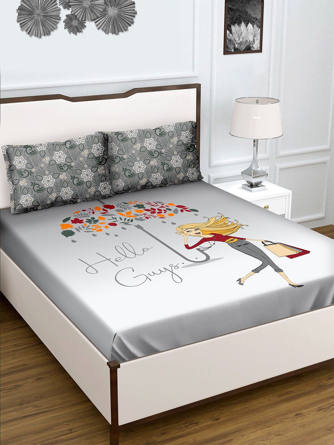 

BELLA CASA Grey & Multicoloured Cartoon Characters 180 TC King Bedsheet with 2 Pillow Covers