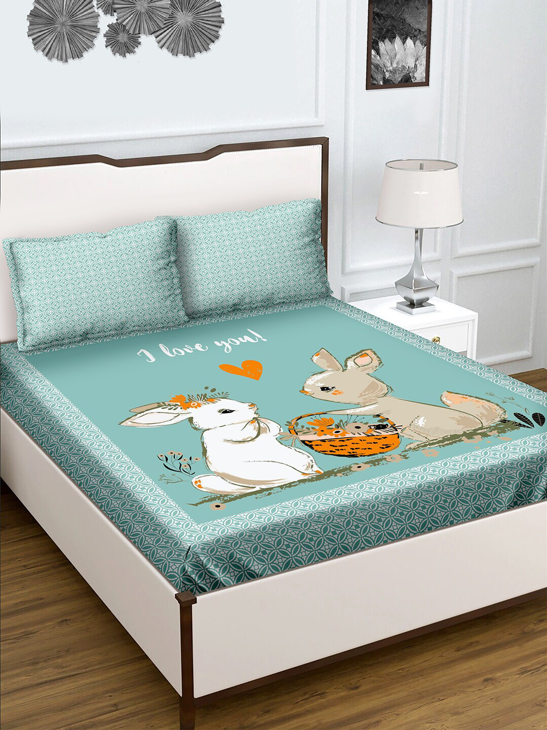 

BELLA CASA Teal Blue Cartoon Characters 180 TC King Bedsheet with 2 Pillow Covers